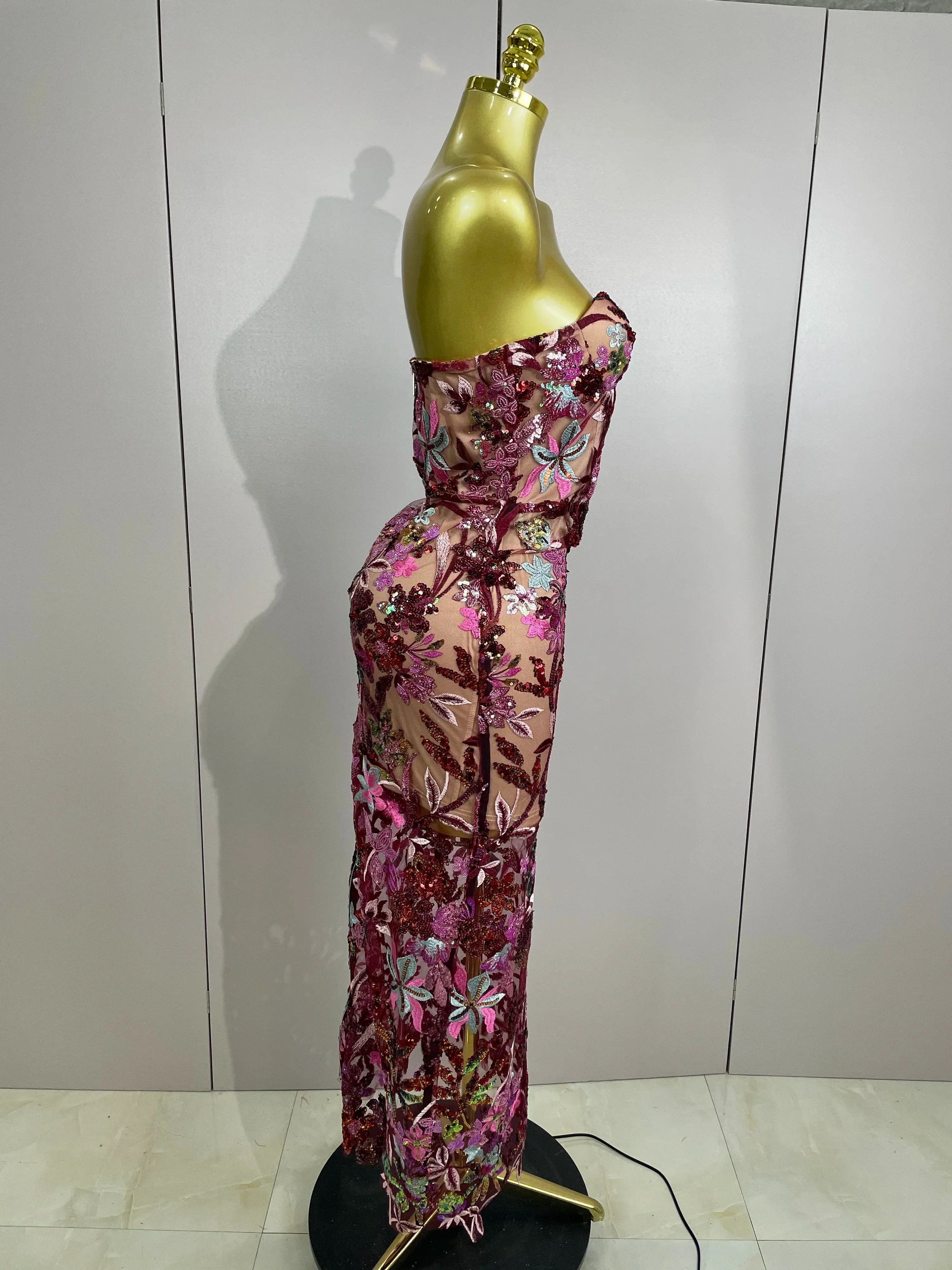 Sexy Strapless Floral Sequin Long Dress  Women Sequins Flower Backless Long Slim Dress Evening Party Runway Gown Dress - Image 4