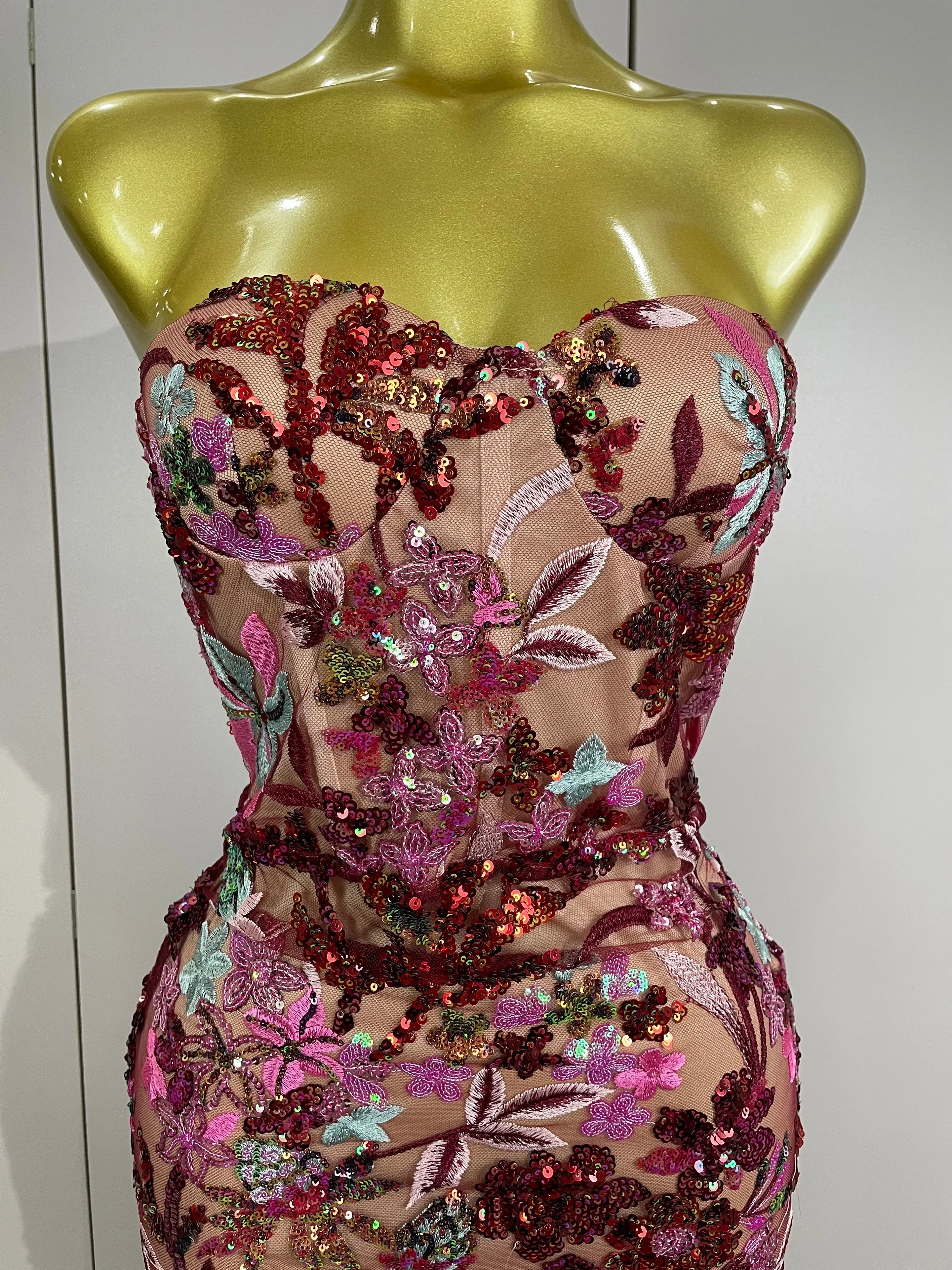 Sexy Strapless Floral Sequin Long Dress  Women Sequins Flower Backless Long Slim Dress Evening Party Runway Gown Dress - Image 5