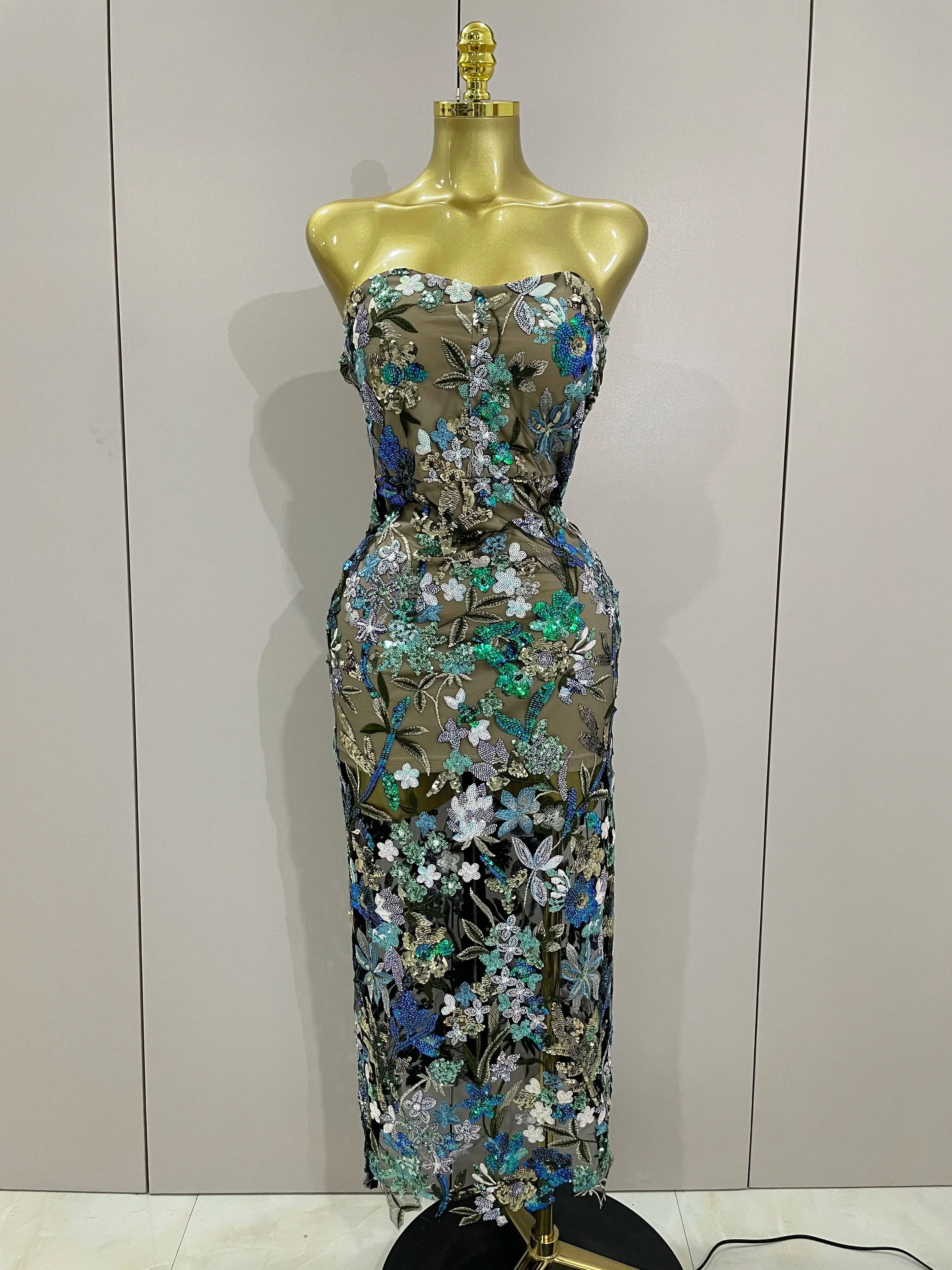 Sexy Strapless Floral Sequin Long Dress  Women Sequins Flower Backless Long Slim Dress Evening Party Runway Gown Dress - Image 7