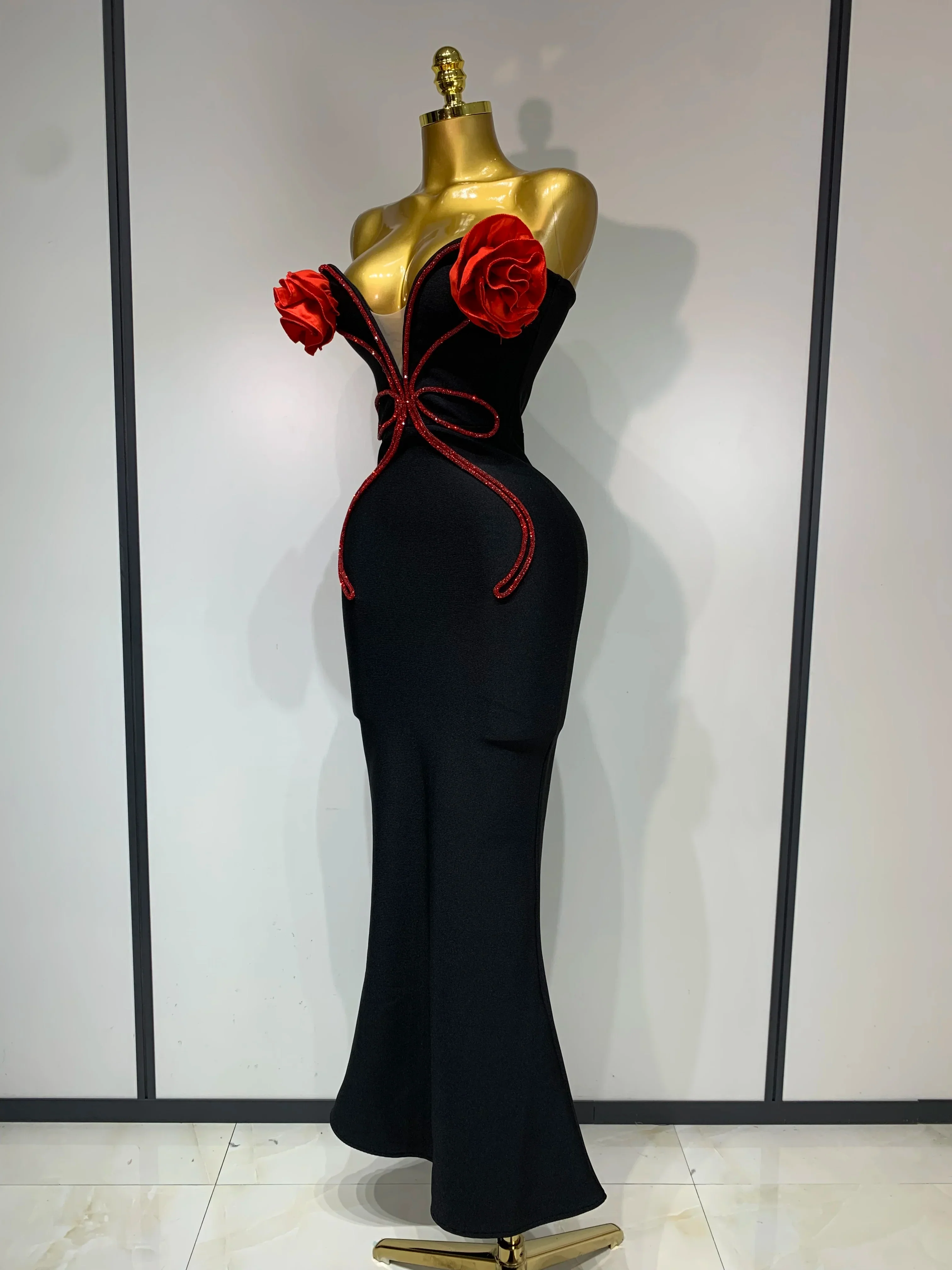 Sexy Strapless Flower Appliques Sexy Diamond Bodycon Bandage Mermaid Dress Celebrity Evening Runway Party Club Birthday Dress - Image 2