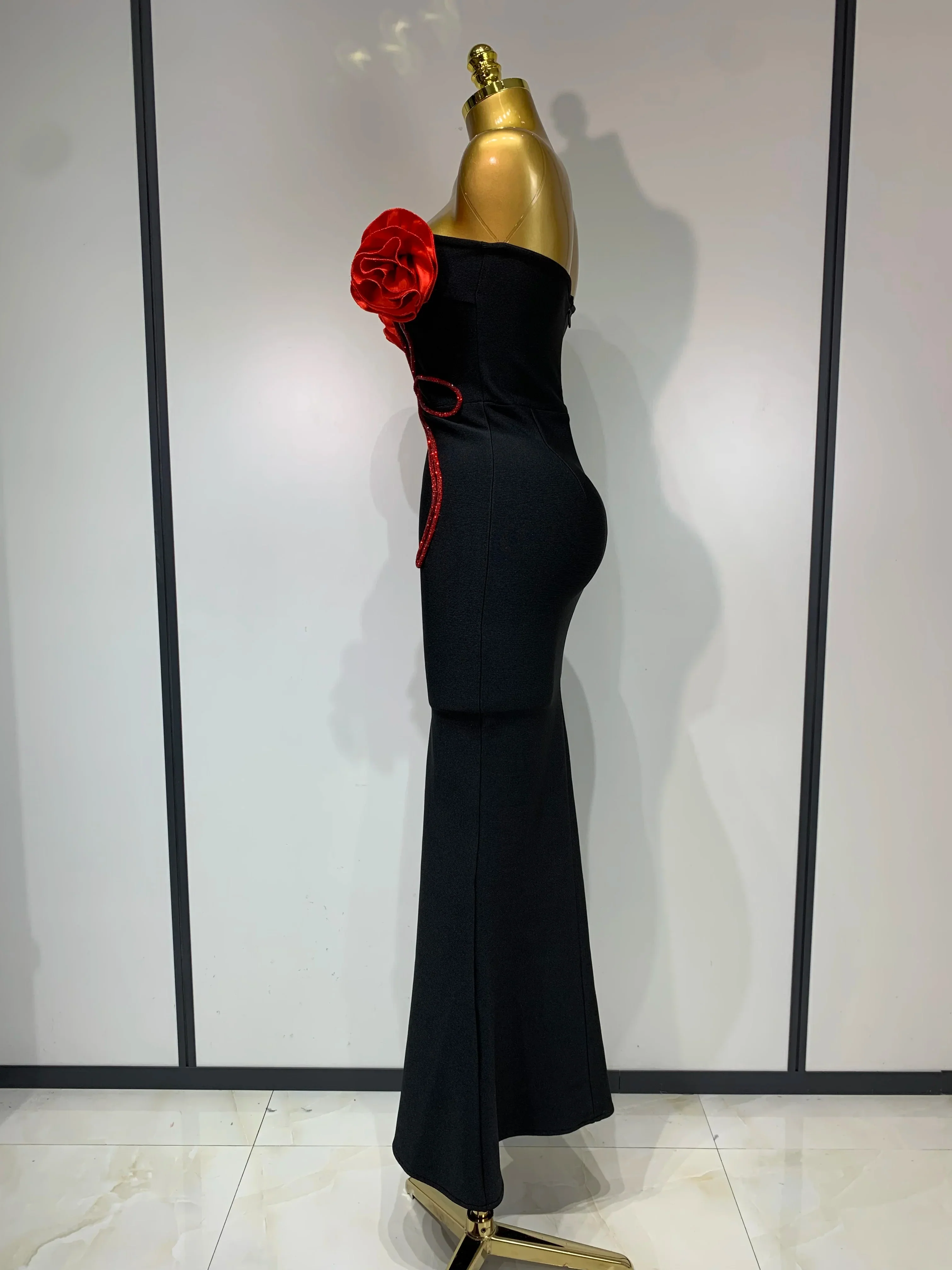 Sexy Strapless Flower Appliques Sexy Diamond Bodycon Bandage Mermaid Dress Celebrity Evening Runway Party Club Birthday Dress - Image 3