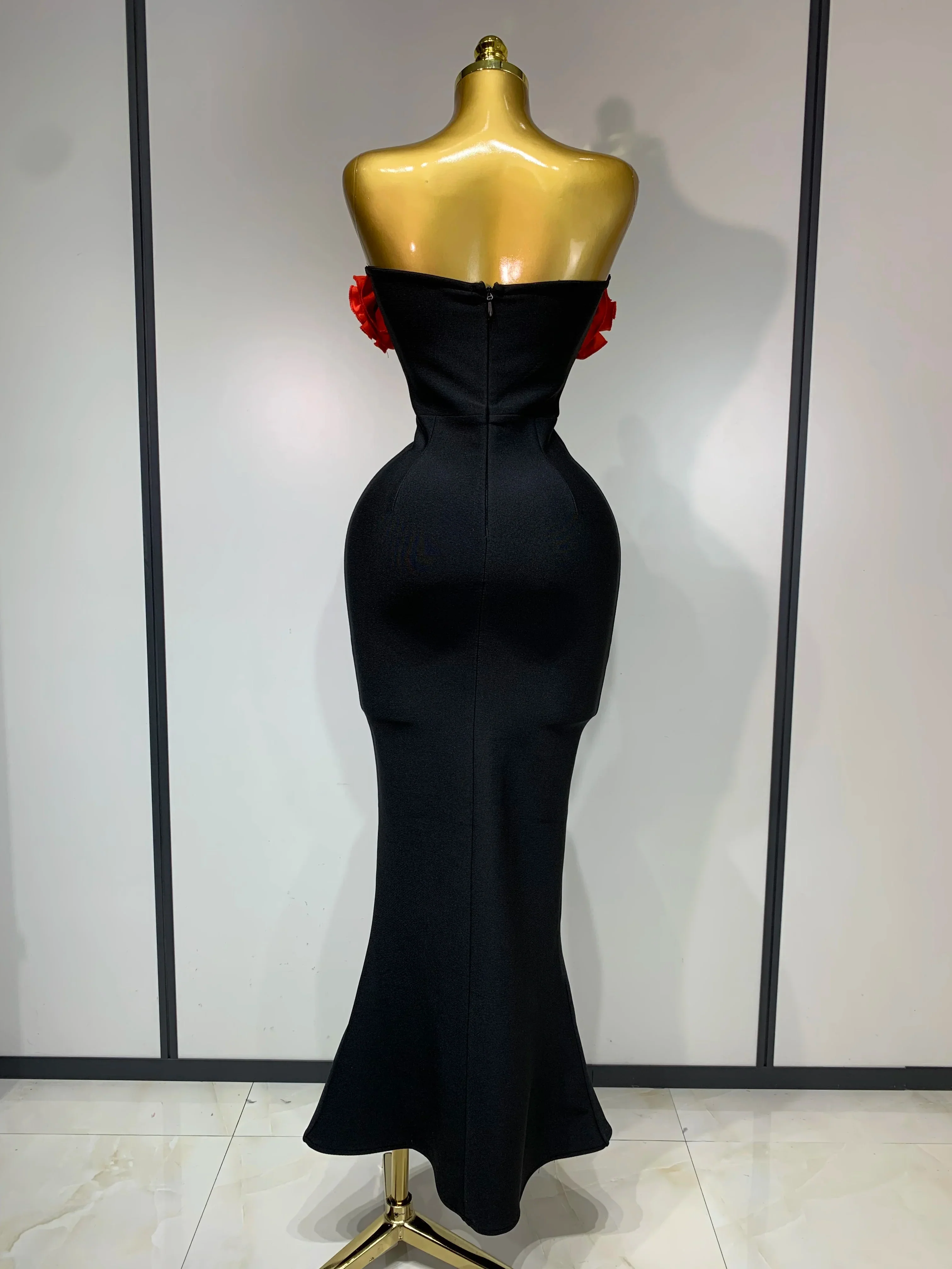 Sexy Strapless Flower Appliques Sexy Diamond Bodycon Bandage Mermaid Dress Celebrity Evening Runway Party Club Birthday Dress - Image 4