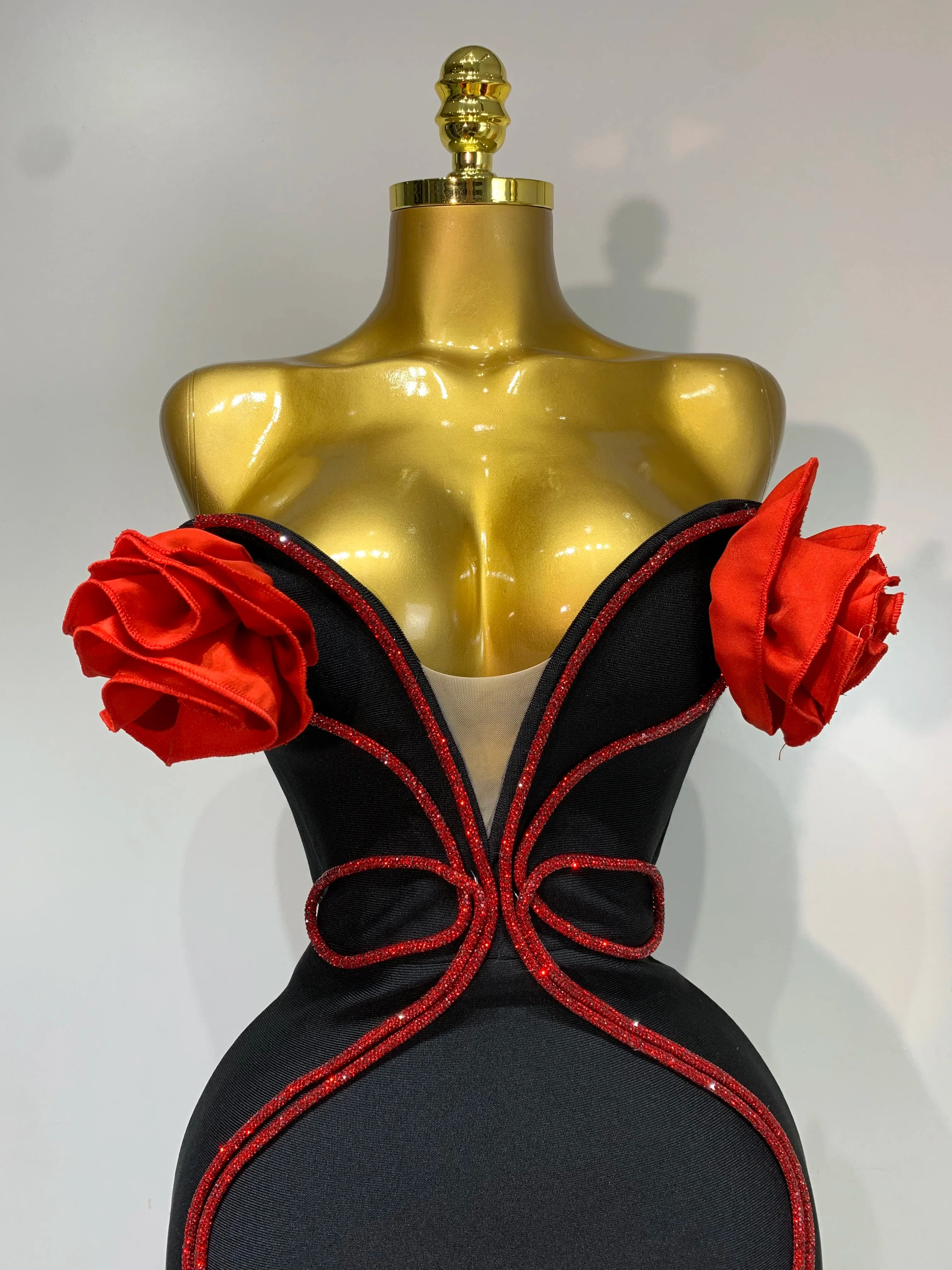 Sexy Strapless Flower Appliques Sexy Diamond Bodycon Bandage Mermaid Dress Celebrity Evening Runway Party Club Birthday Dress - Image 5