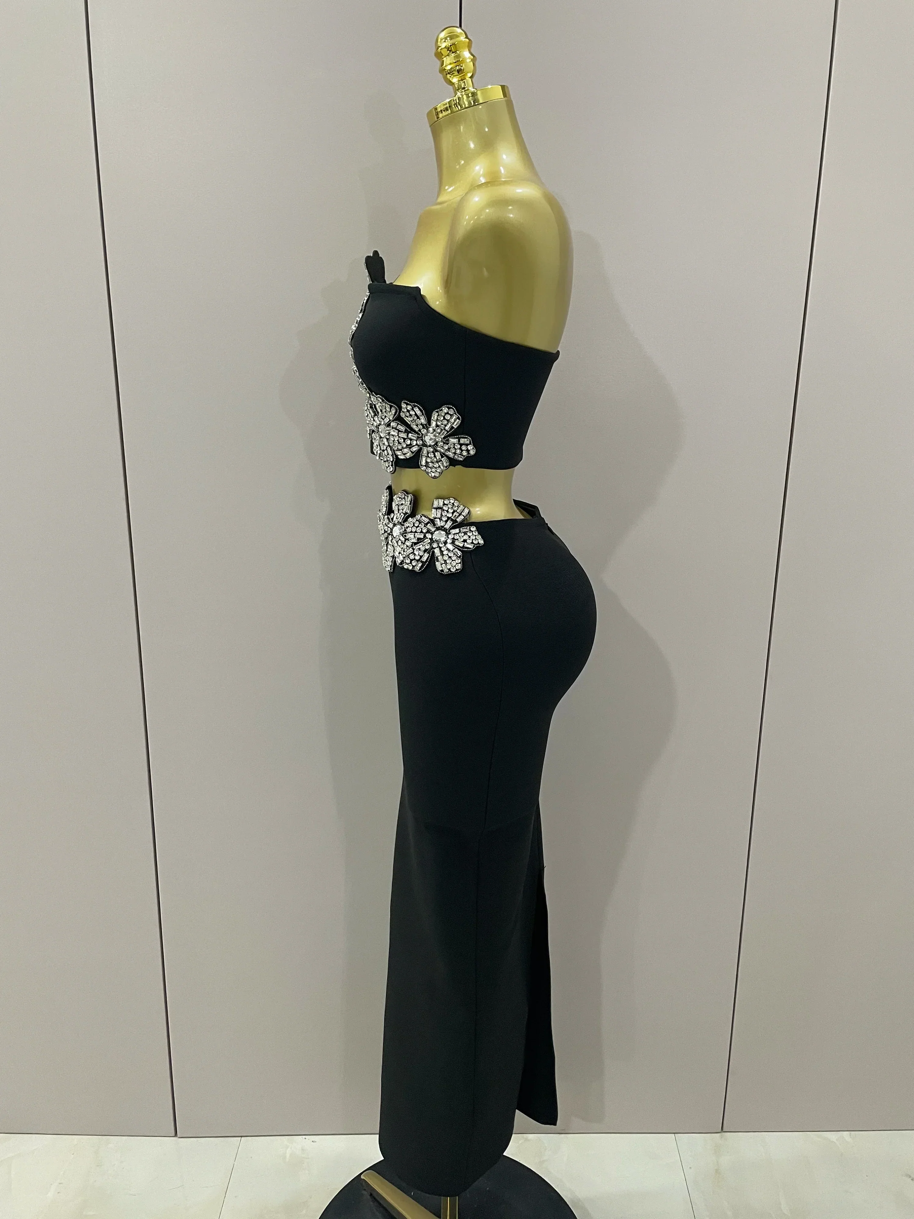 Sexy Strapless Flower Diamonds Black Maxi Long Bandage Two Piece Set  Women Knitted Elegant Evening Club Party Prom Gowns - Image 2
