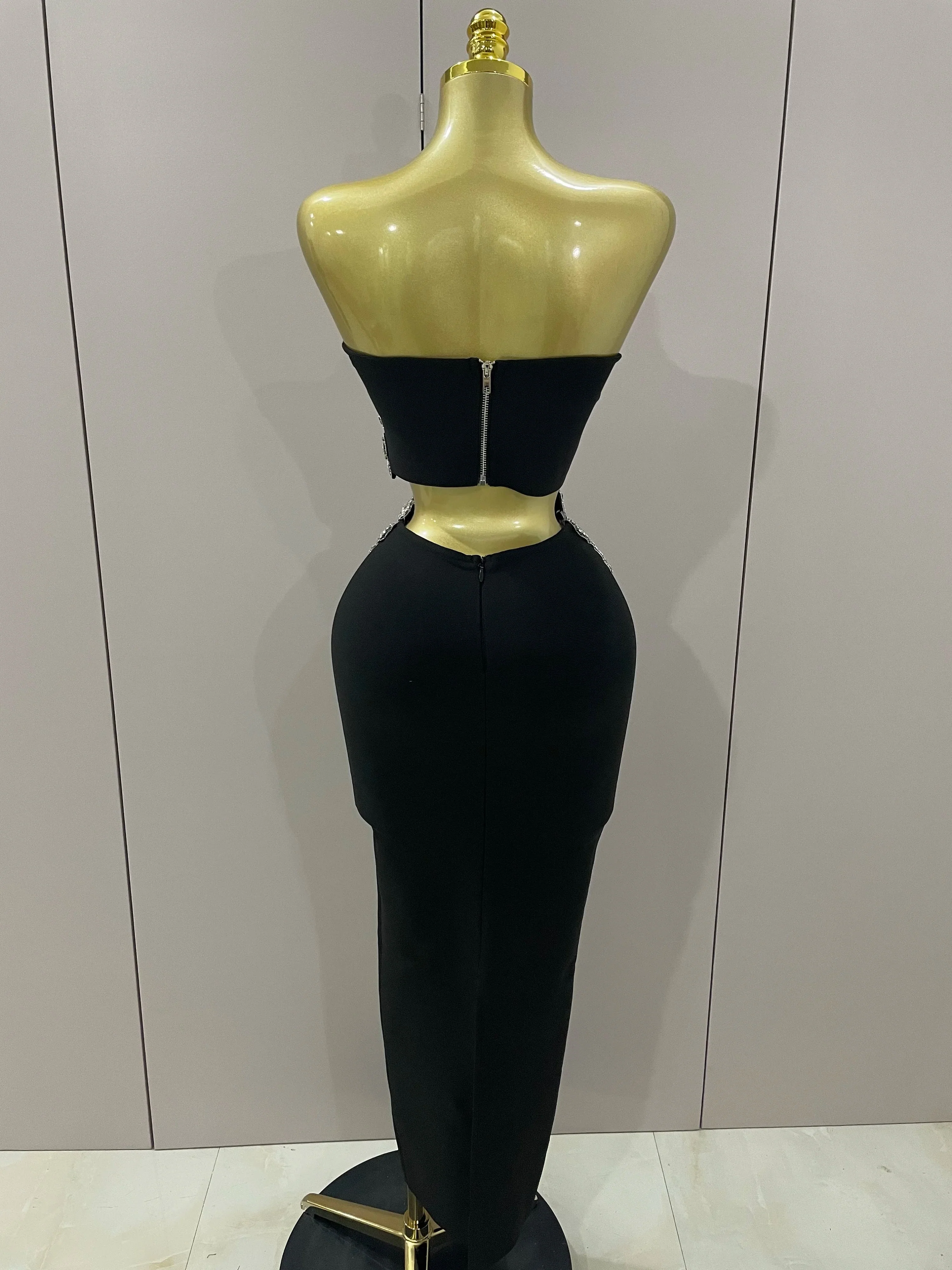Sexy Strapless Flower Diamonds Black Maxi Long Bandage Two Piece Set  Women Knitted Elegant Evening Club Party Prom Gowns - Image 3
