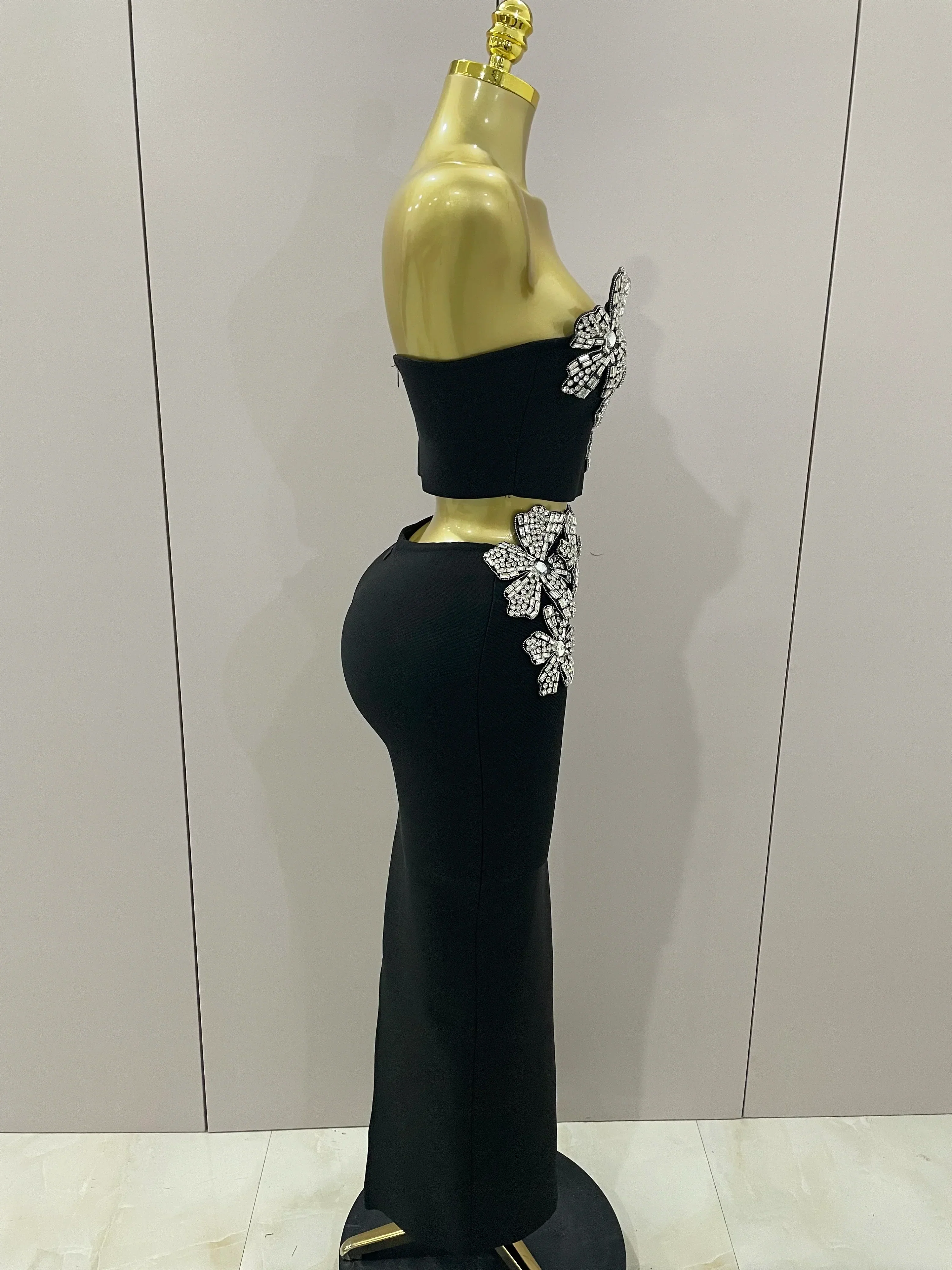 Sexy Strapless Flower Diamonds Black Maxi Long Bandage Two Piece Set  Women Knitted Elegant Evening Club Party Prom Gowns - Image 4
