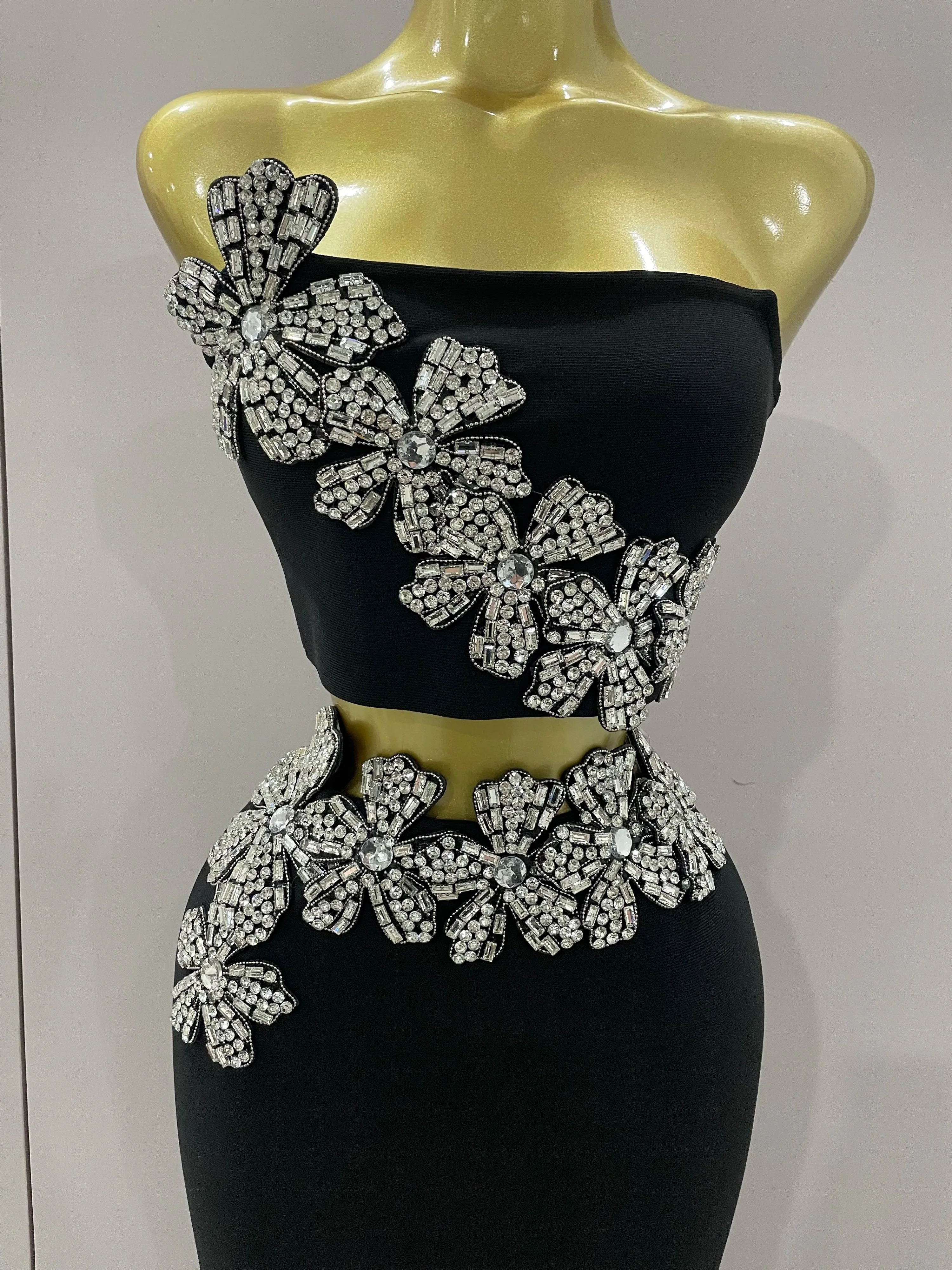 Sexy Strapless Flower Diamonds Black Maxi Long Bandage Two Piece Set  Women Knitted Elegant Evening Club Party Prom Gowns - Image 5