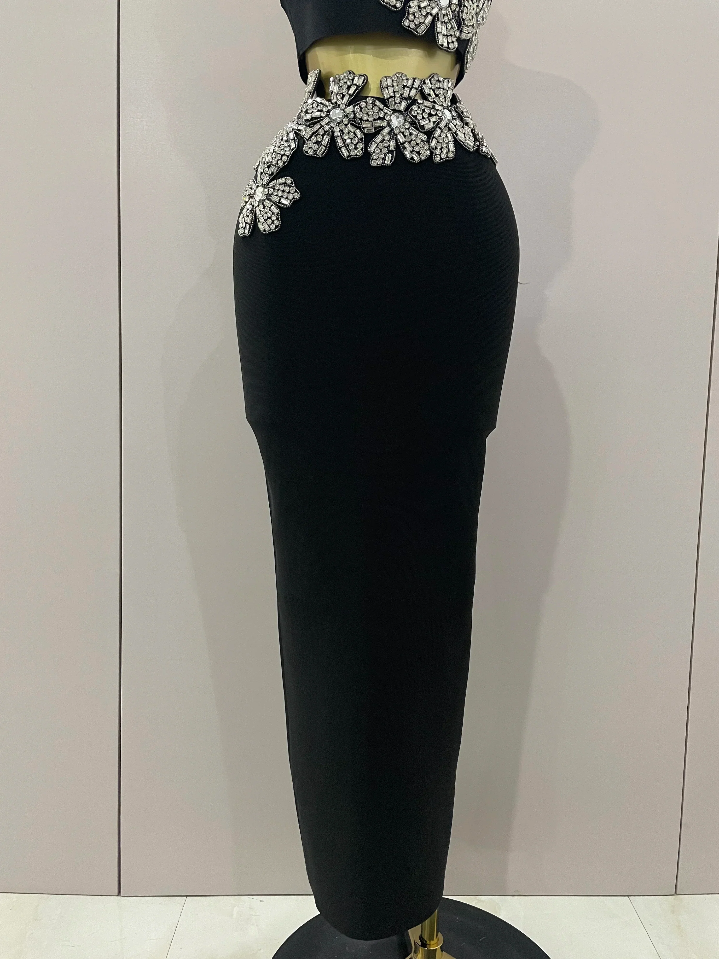 Sexy Strapless Flower Diamonds Black Maxi Long Bandage Two Piece Set  Women Knitted Elegant Evening Club Party Prom Gowns - Image 6