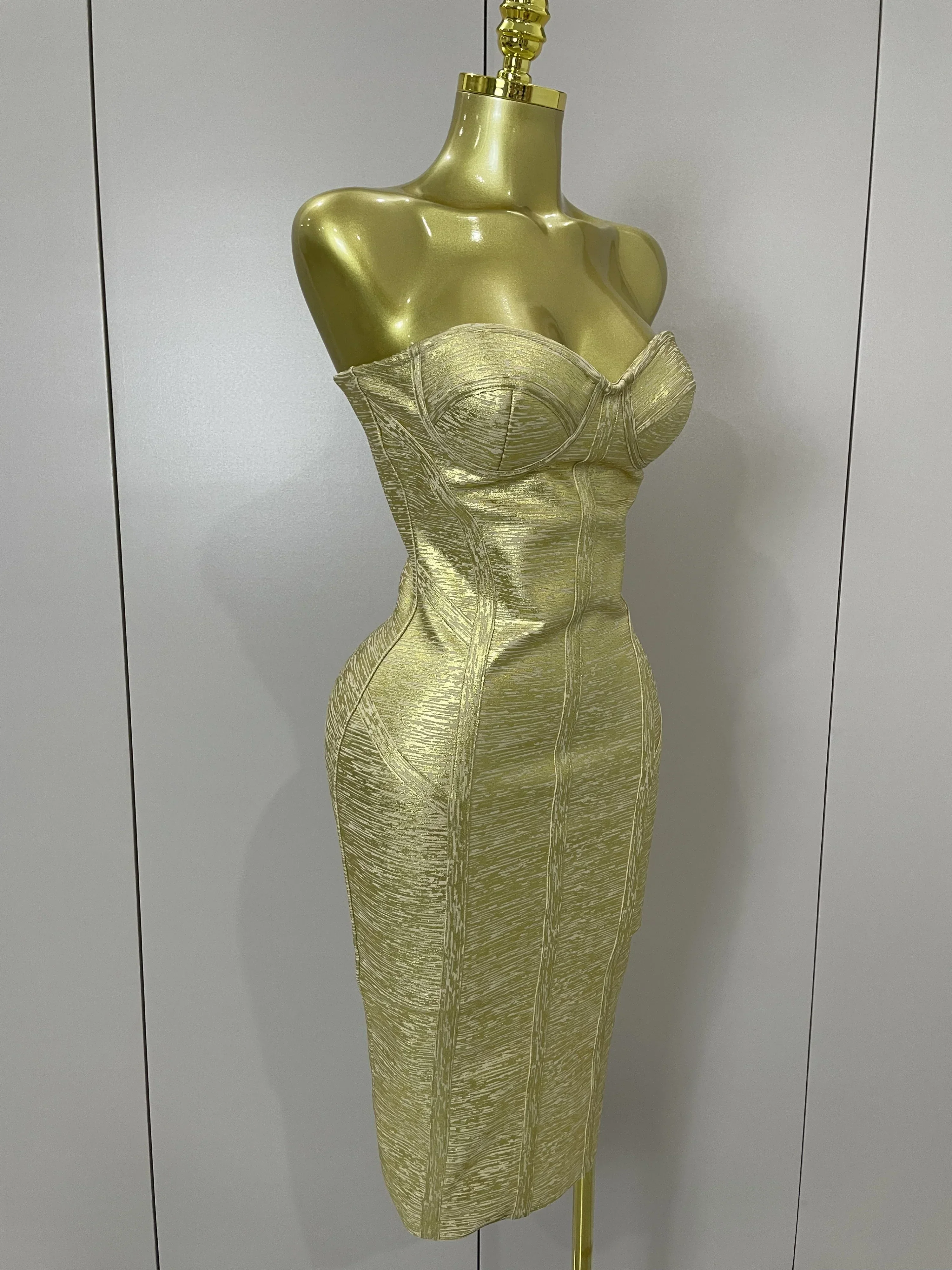 Sexy Strapless Gold Black Foil Color Bodycon Bandage Dress Women Fashion Celebrate Evening Party Luxury Birthday Dresses - Image 4