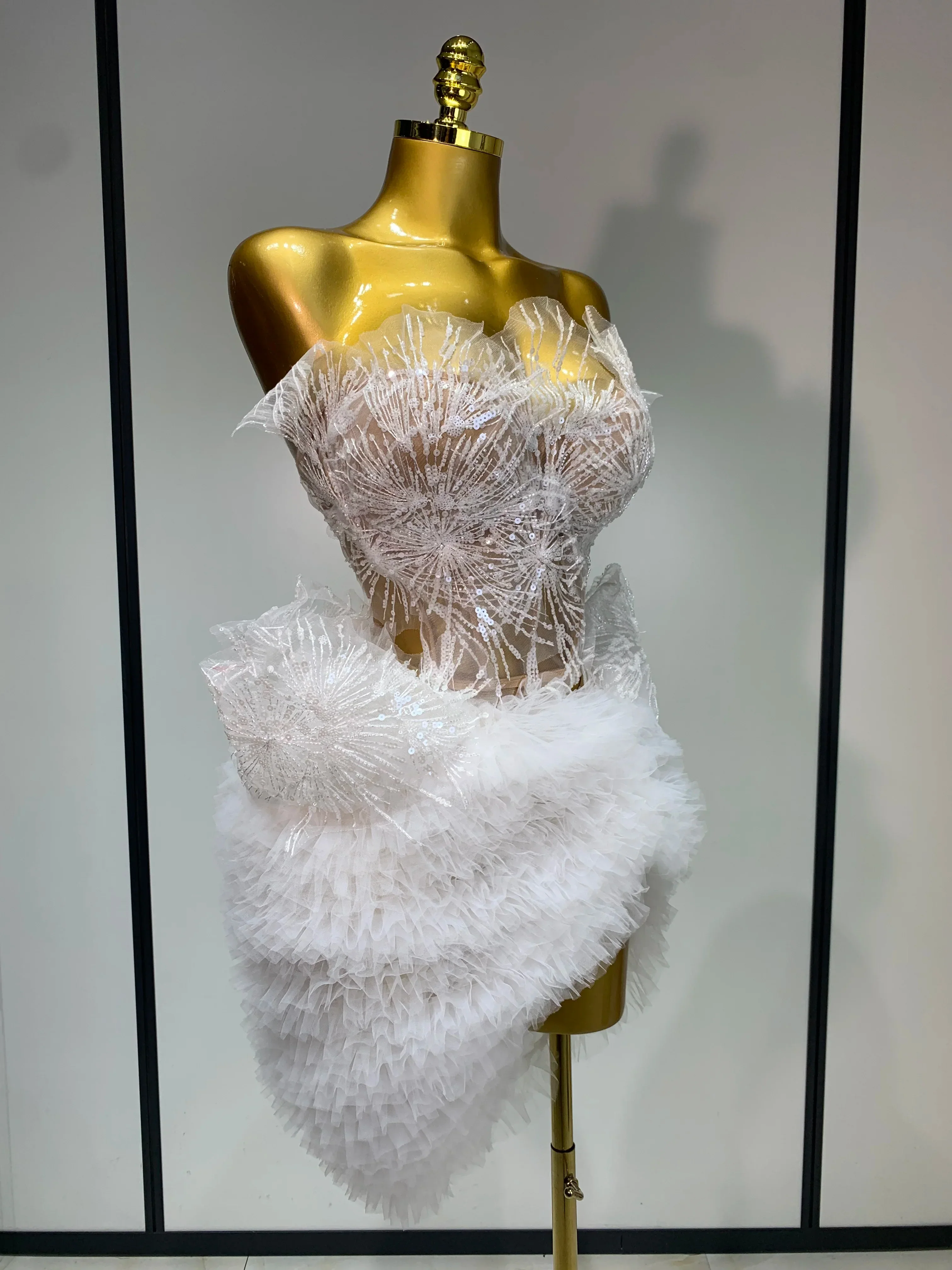 Sexy Strapless Tops Mesh Mini Skirt Two Piece Set Women Evening Party Nightclub Singer Stage Costume Luxury Birthday Gown - Image 3