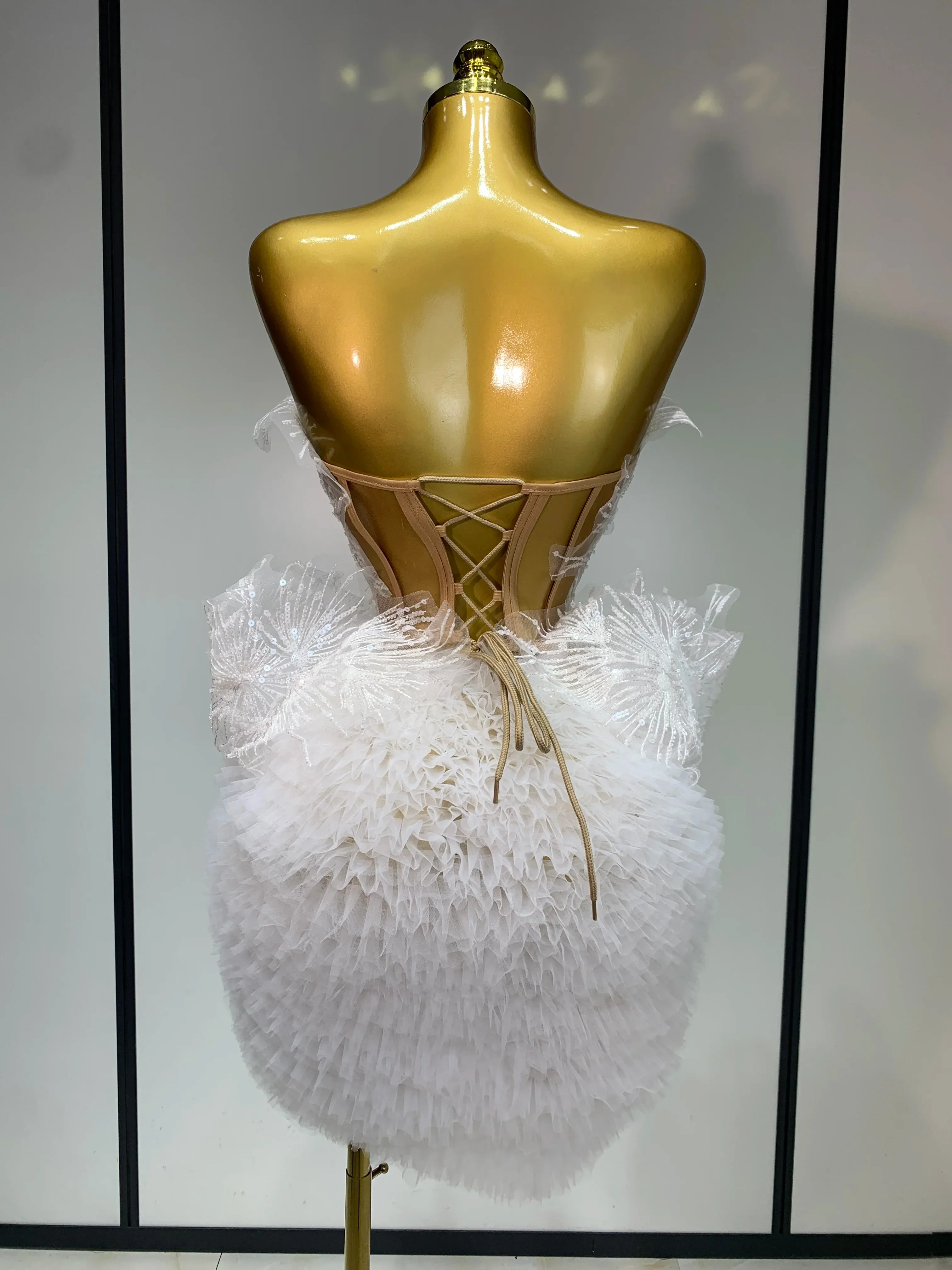 Sexy Strapless Tops Mesh Mini Skirt Two Piece Set Women Evening Party Nightclub Singer Stage Costume Luxury Birthday Gown - Image 4