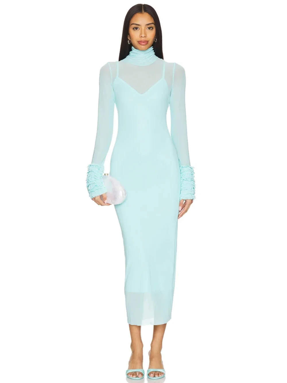Sexy Turtleneck Ruffle-Cuff Mesh Tight Long Dress Women Long Sleeves Ruffles Bodycon Midi Dresses Evening Party Cocktail Club - Image 2