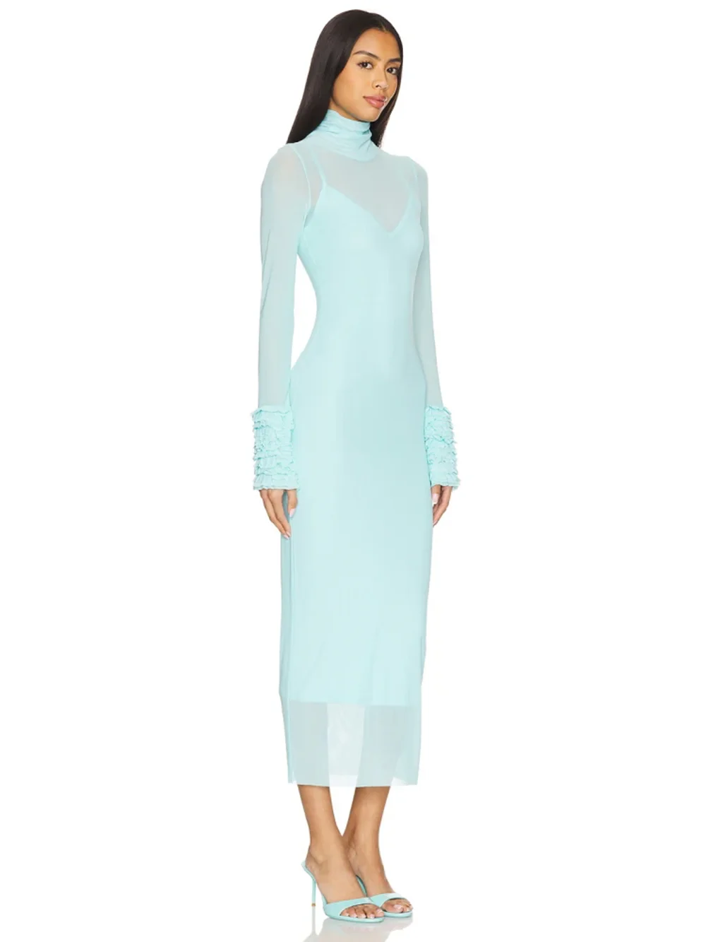 Sexy Turtleneck Ruffle-Cuff Mesh Tight Long Dress Women Long Sleeves Ruffles Bodycon Midi Dresses Evening Party Cocktail Club - Image 3