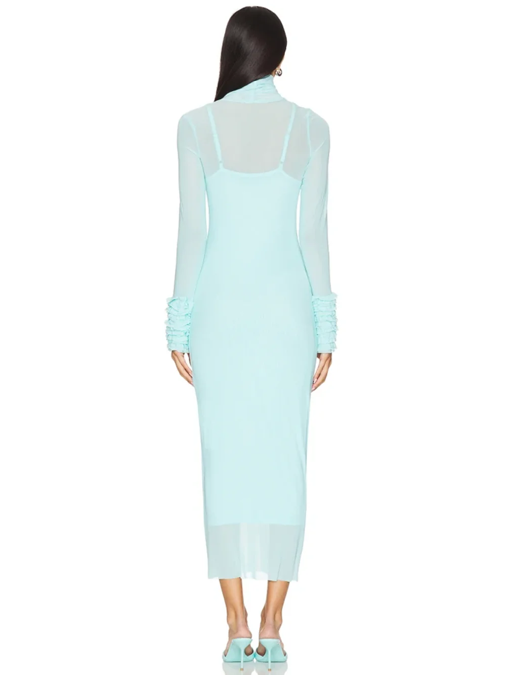Sexy Turtleneck Ruffle-Cuff Mesh Tight Long Dress Women Long Sleeves Ruffles Bodycon Midi Dresses Evening Party Cocktail Club - Image 4