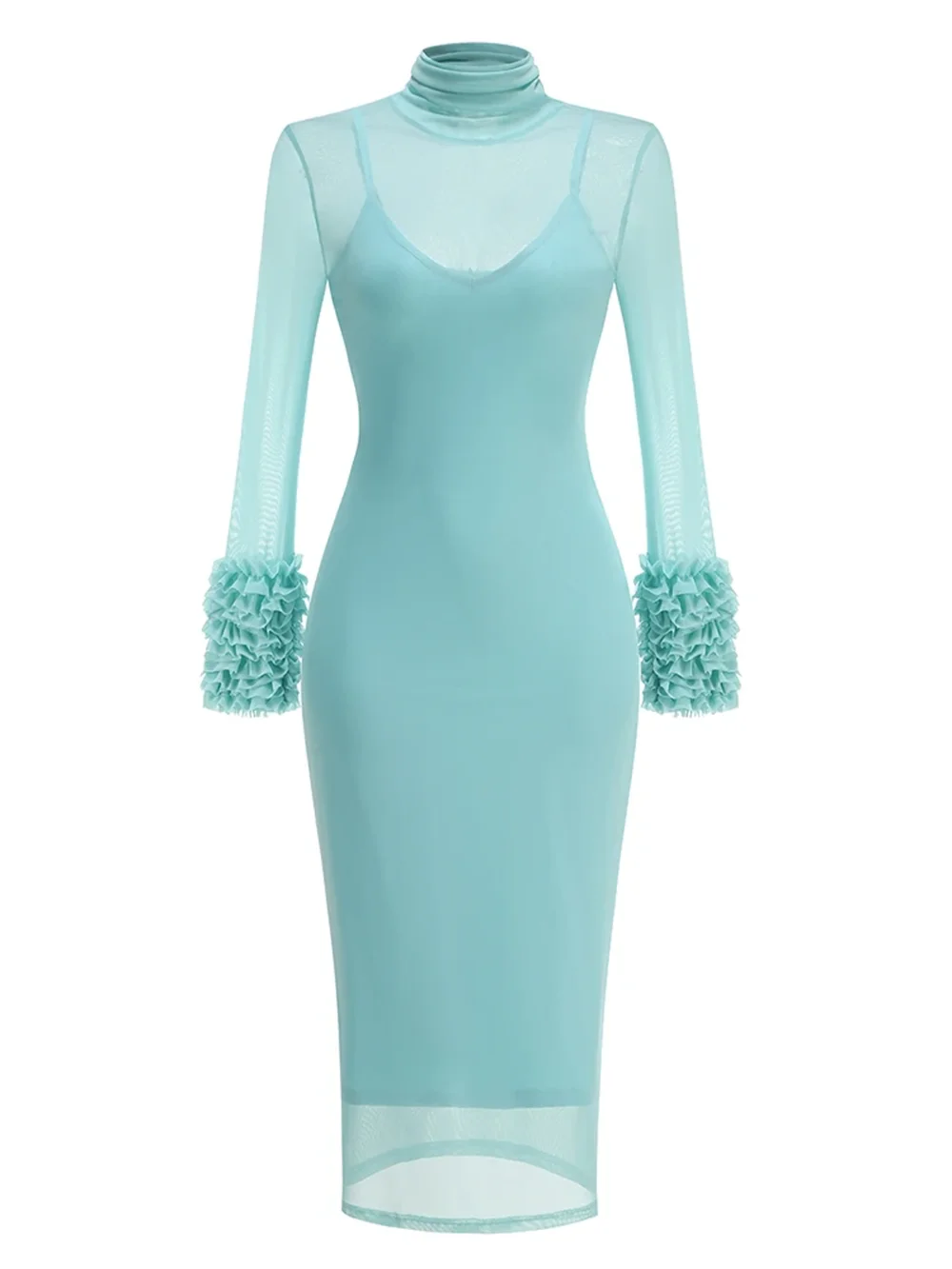 Sexy Turtleneck Ruffle-Cuff Mesh Tight Long Dress Women Long Sleeves Ruffles Bodycon Midi Dresses Evening Party Cocktail Club - Image 5