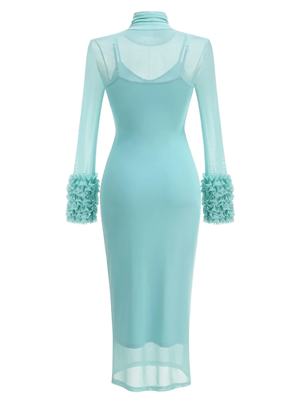 Sexy Turtleneck Ruffle-Cuff Mesh Tight Long Dress Women Long Sleeves Ruffles Bodycon Midi Dresses Evening Party Cocktail Club - Image 6