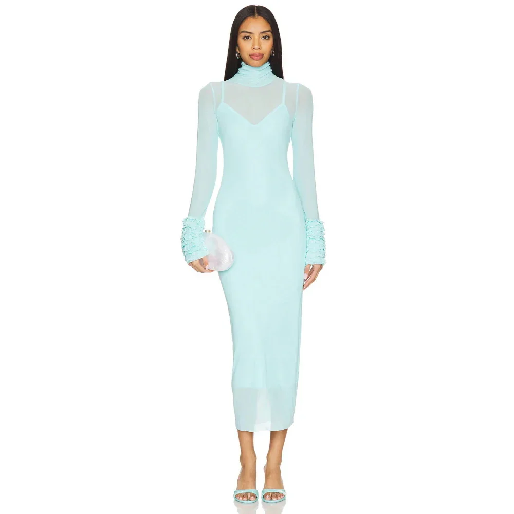 Sexy Turtleneck Ruffle-Cuff Mesh Tight Long Dress Women Long Sleeves Ruffles Bodycon Midi Dresses Evening Party Cocktail Club - Image 7