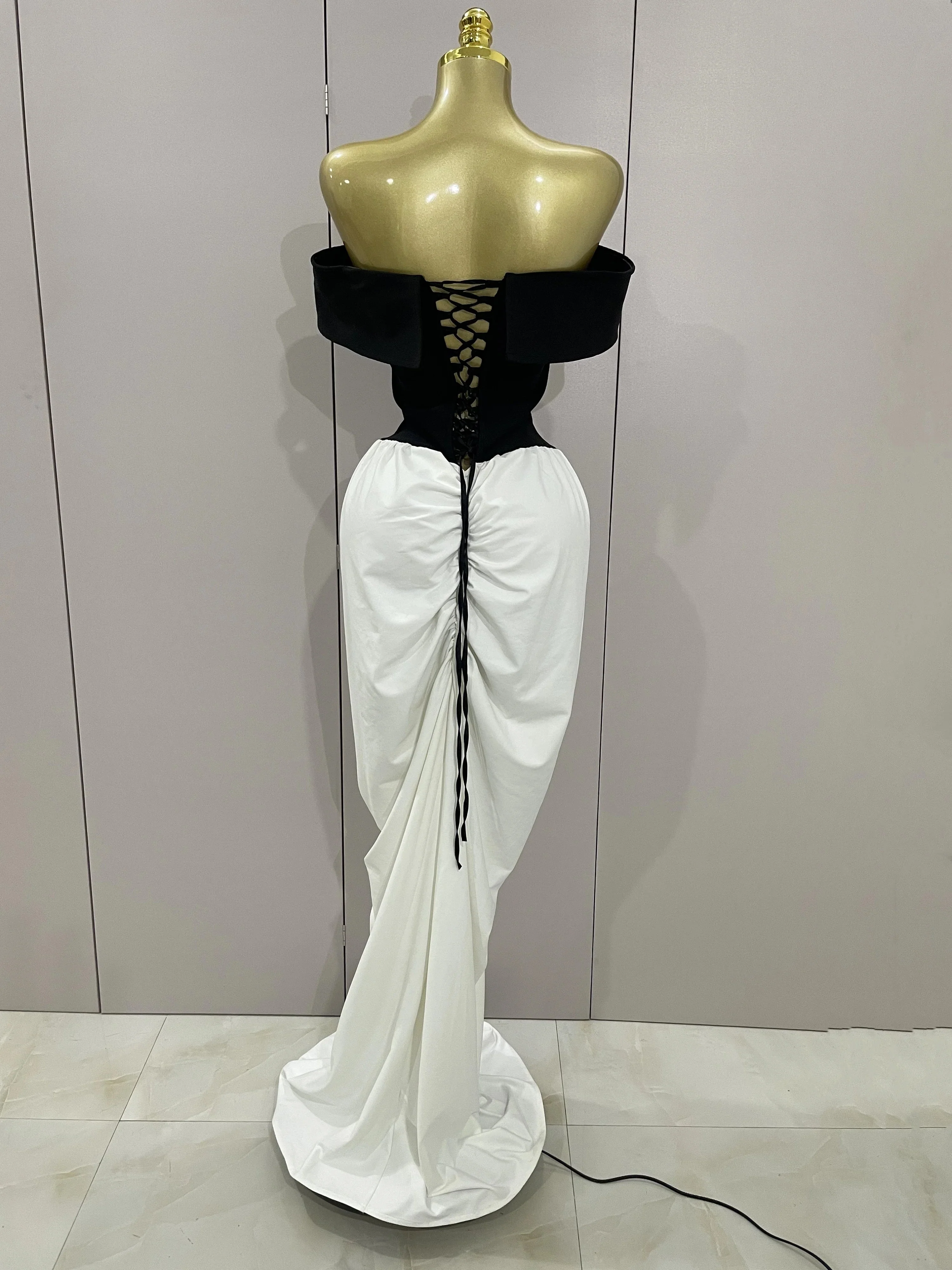 Sexy V Neck off-The-Shoulder Black And White Splicing Mermaid Floor-length dress  Women Formal Evening Birthday Party Dress - Image 3