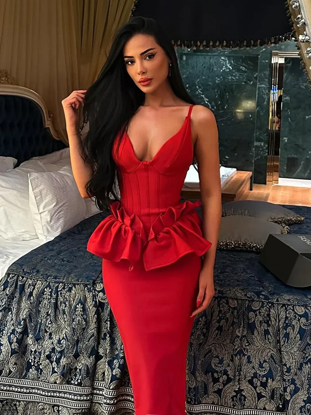 Sexy Women Long Bandage Dress Ruffle Sleeveless Slim Solid Summer Party Fishbone Maxi Dress Clubwear Female Vestido Outfits - Image 2
