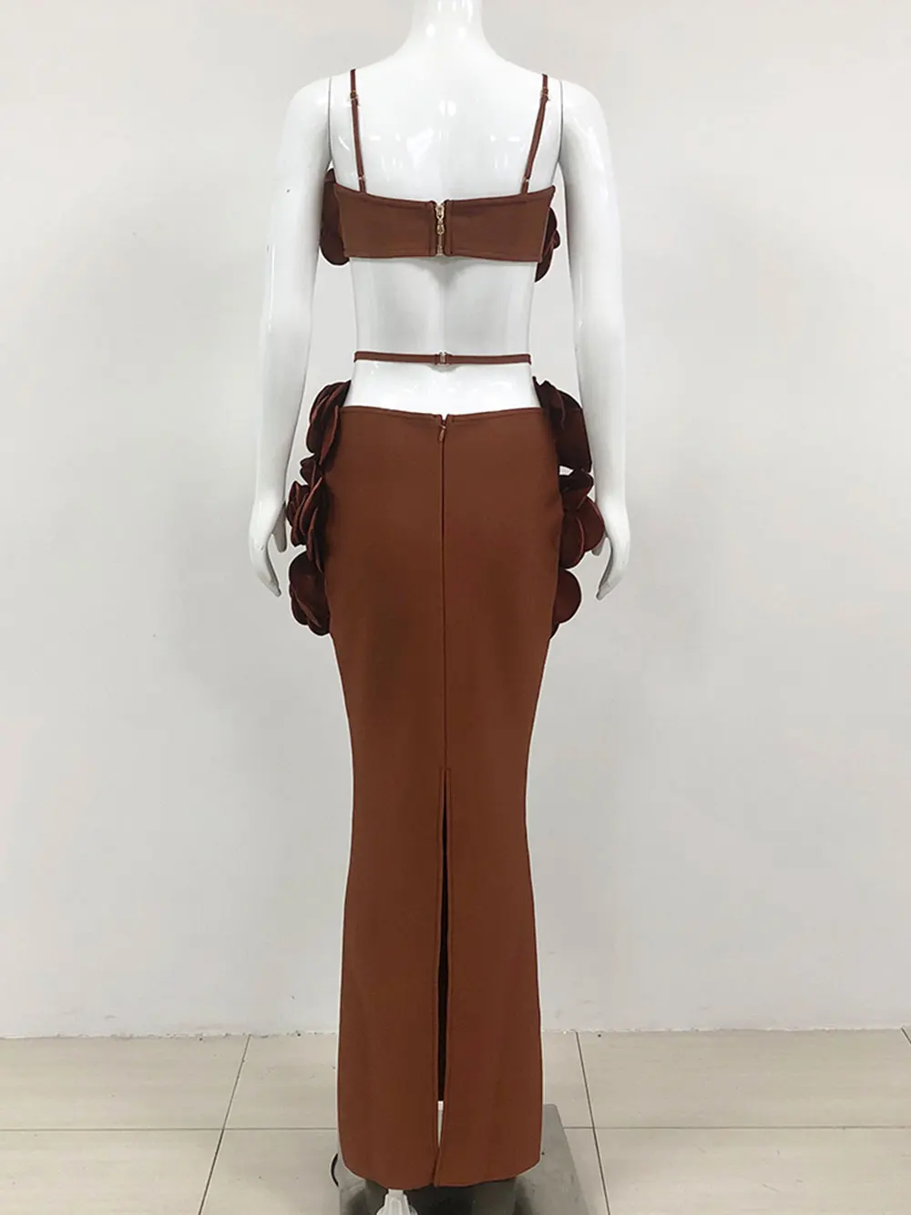 Sexy Women'S Three-Dimensional Flower Bandage Long Dress Set Spaghetti Strap Sleeveless Ultra Short Vest + Skirt Two-Piece Set - Image 3