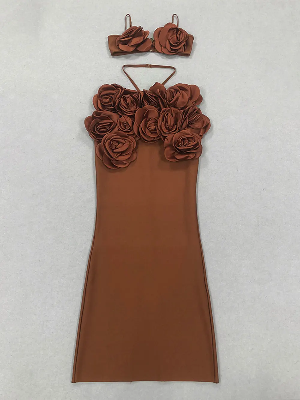 Sexy Women'S Three-Dimensional Flower Bandage Long Dress Set Spaghetti Strap Sleeveless Ultra Short Vest + Skirt Two-Piece Set - Image 4