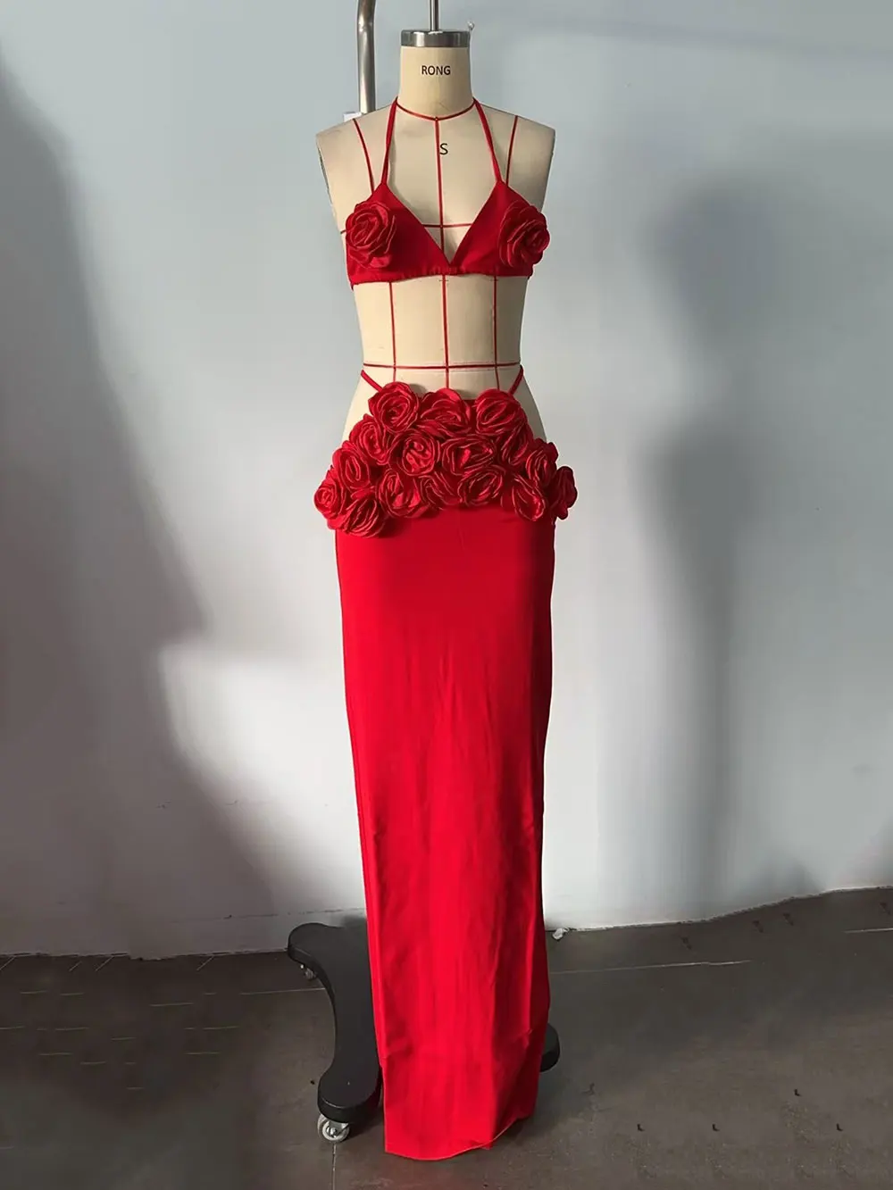 Sexy Women'S Three-Dimensional Flower Bandage Long Dress Set Spaghetti Strap Sleeveless Ultra Short Vest + Skirt Two-Piece Set - Image 7