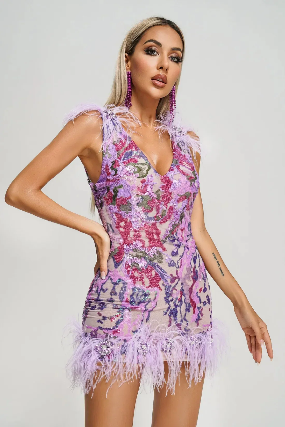Sexylady Party Dress Purple Feathers V Neck Sexy Club Bodycon Wear Gowns Shinny Diamons Luxury - Image 2