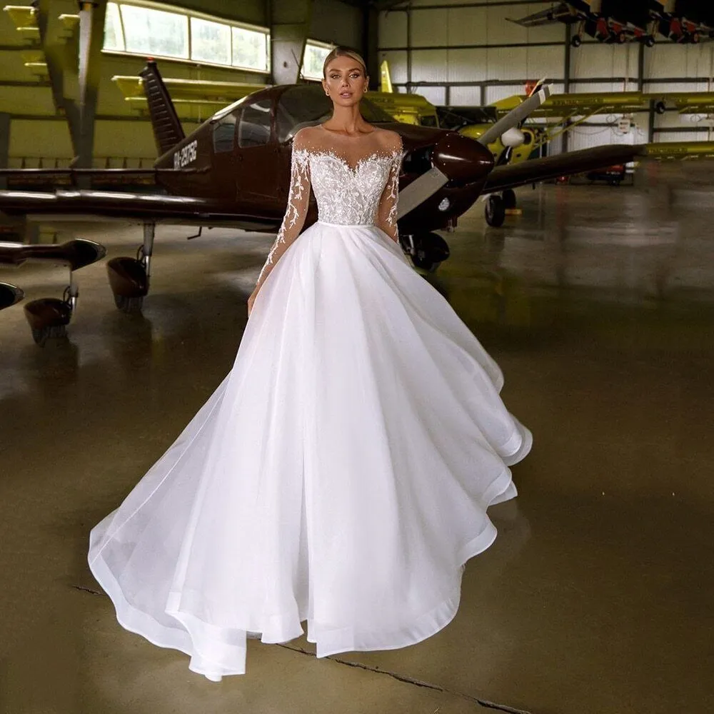 Sheer Neck with Heavy Crystals Long Sleeves White Wedding Dress Organza and Tulle A-line Bling Bridal Dress - Image 7