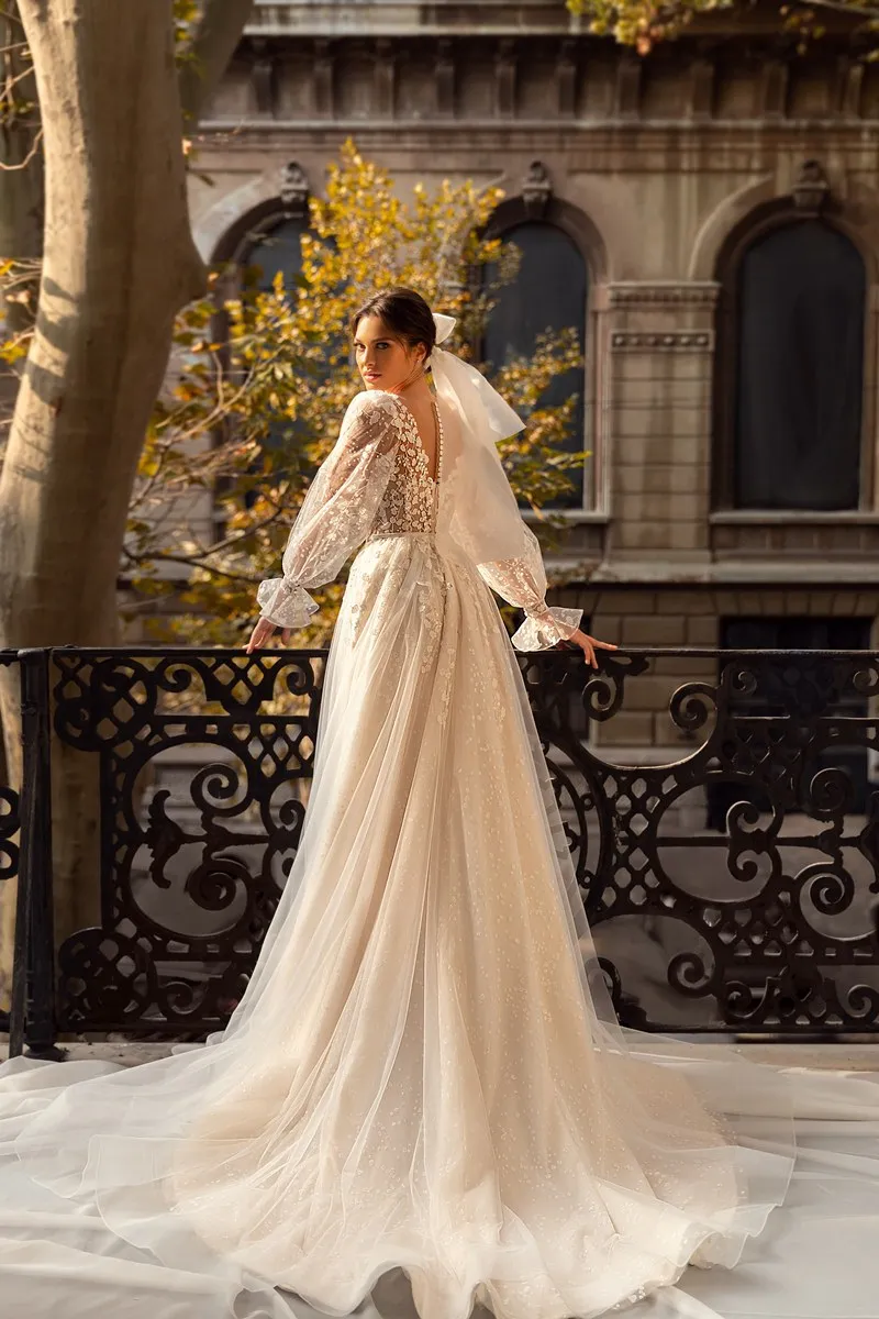 Sheer V-neck with Lace Flowers Applique Long Sleeves Iovry Wedding Dress Tulle xvideos noiva Bridal Dress - Image 6