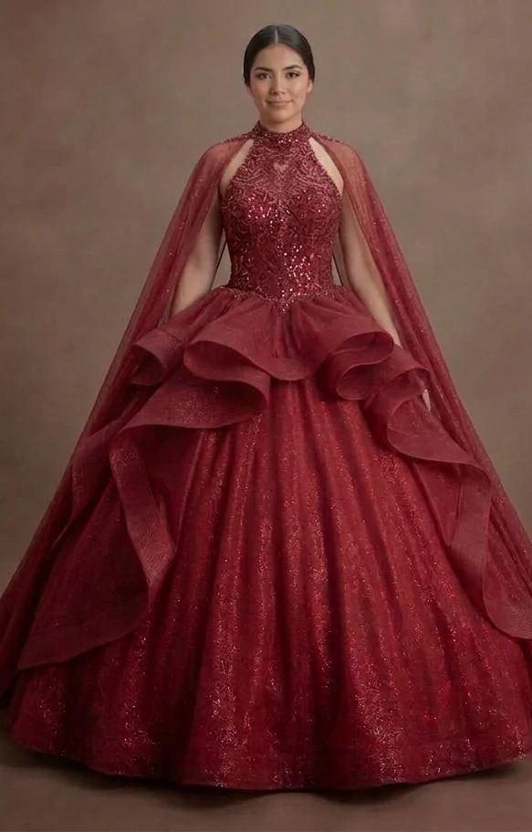 Shimmering Red Quinceañera Dress Ball Gown with Capes - Image 2