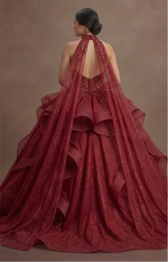 Shimmering Red Quinceañera Dress Ball Gown with Capes - Image 3