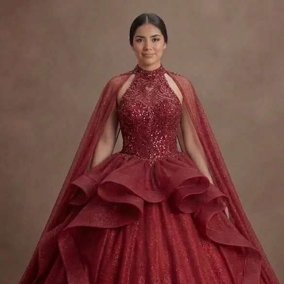Shimmering Red Quinceañera Dress Ball Gown with Capes - Image 4