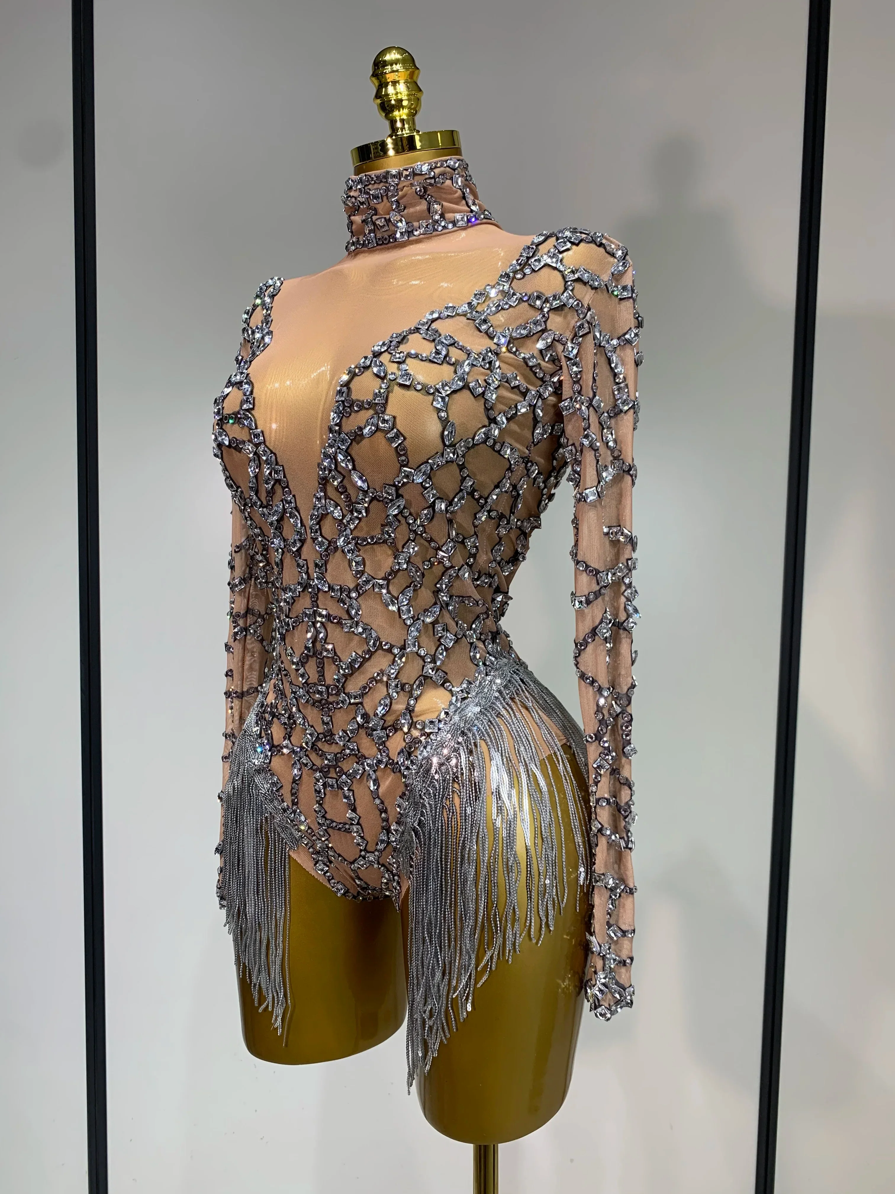 Shining Diamond Tassel Bodysuit Nightclub Stage Tight Mesh Long Sleeved Nightclub Singer Performance Costume - Image 2
