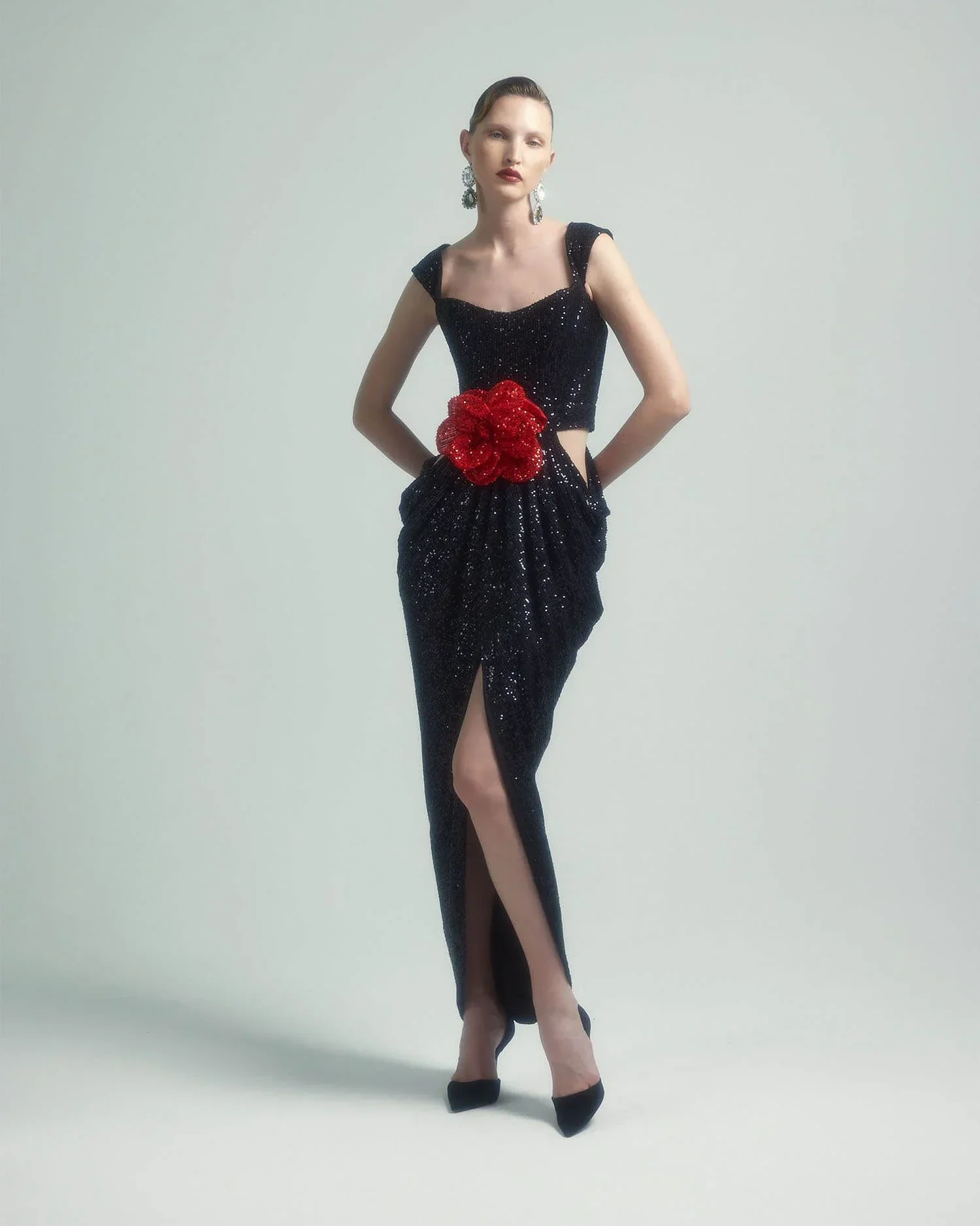 Shinning Black Sequins Women Sleeveless Sexy Square Collar Bodycon Long Dress Nightclub Party Celebrate Singer Stage Wear