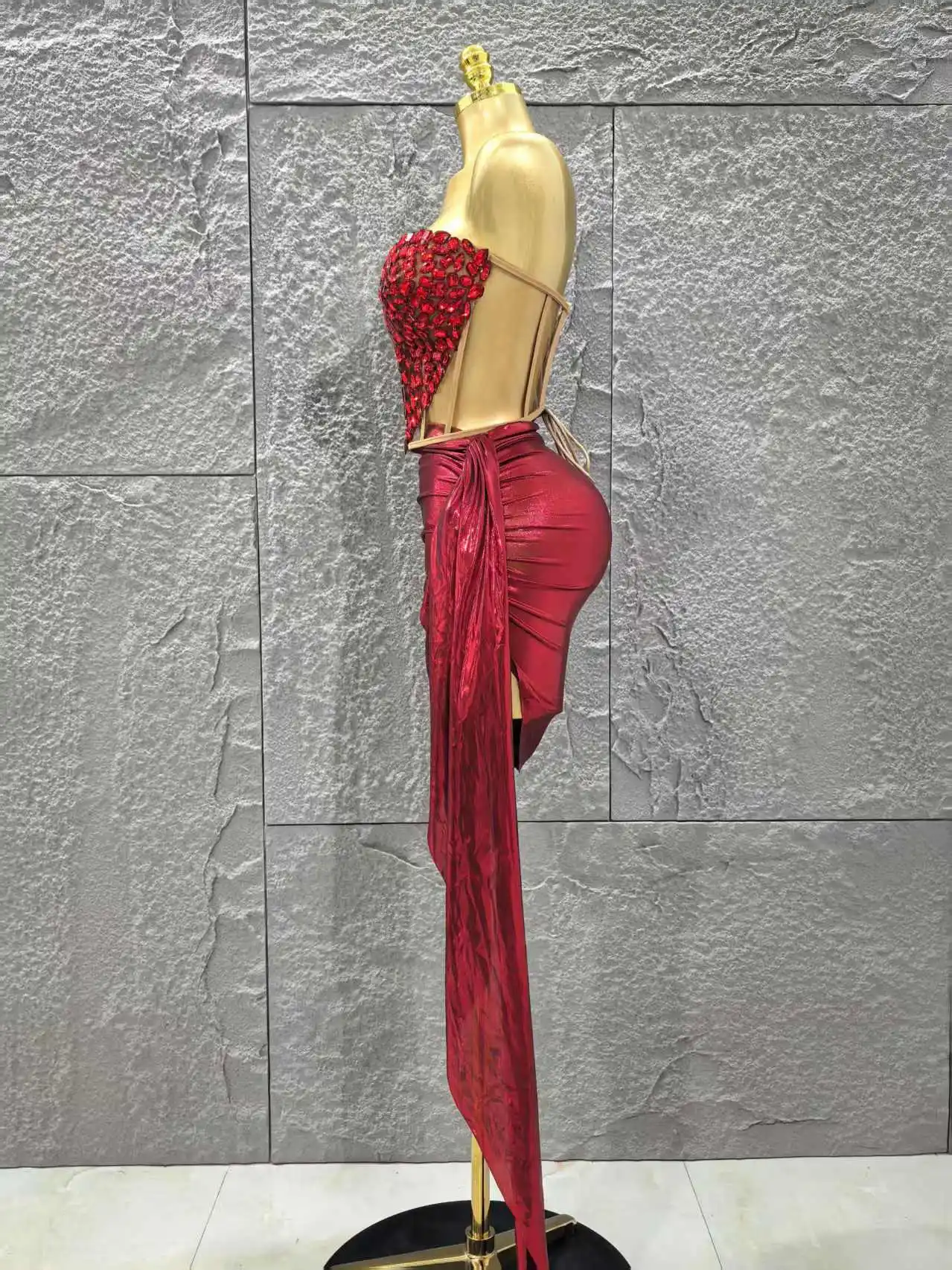 Shinning Red Crystal Women Sexy Strapless 2 Pieces Bodycon Mini Dress Nightclub Party Celebrate Birthday Photo Shoot Wear - Image 2