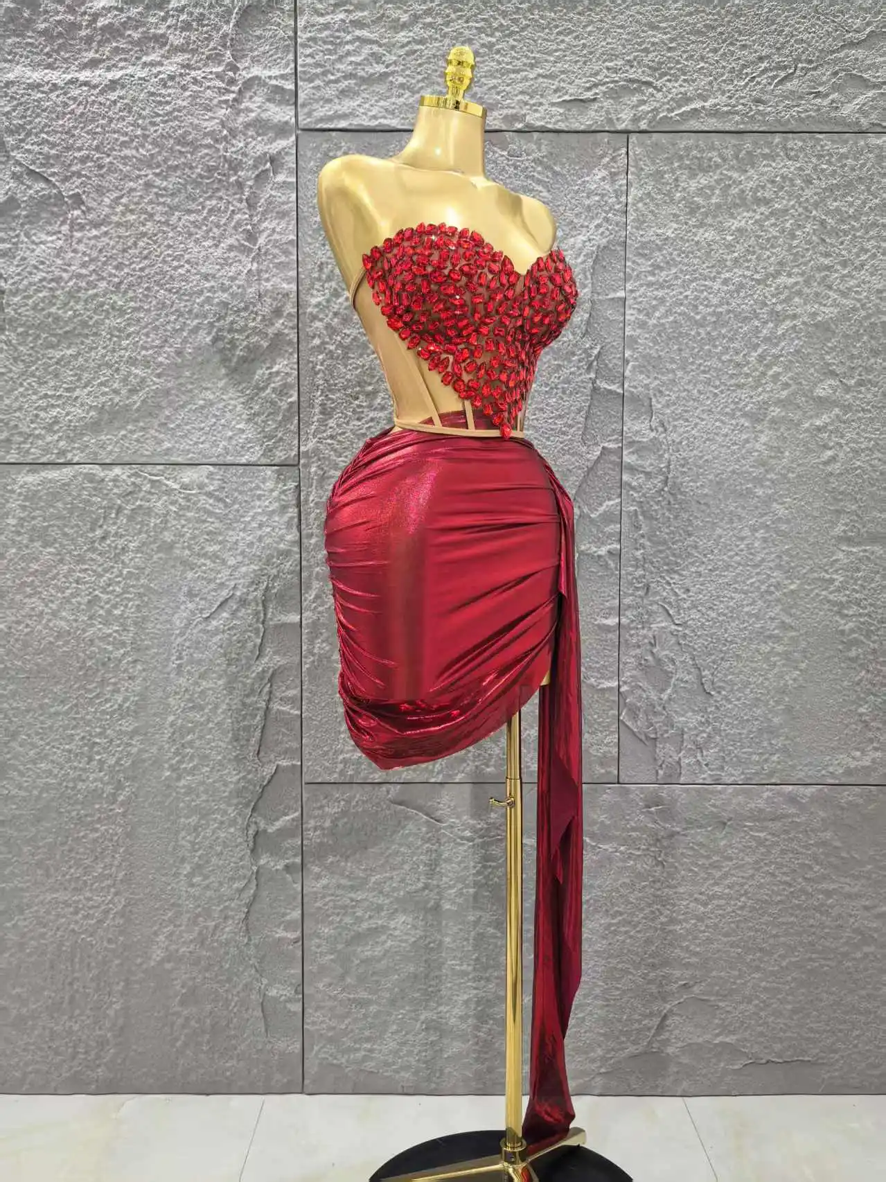 Shinning Red Crystal Women Sexy Strapless 2 Pieces Bodycon Mini Dress Nightclub Party Celebrate Birthday Photo Shoot Wear - Image 3