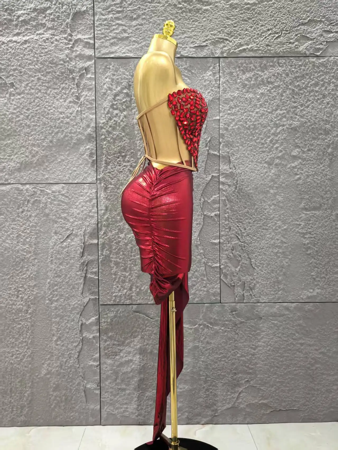 Shinning Red Crystal Women Sexy Strapless 2 Pieces Bodycon Mini Dress Nightclub Party Celebrate Birthday Photo Shoot Wear - Image 4