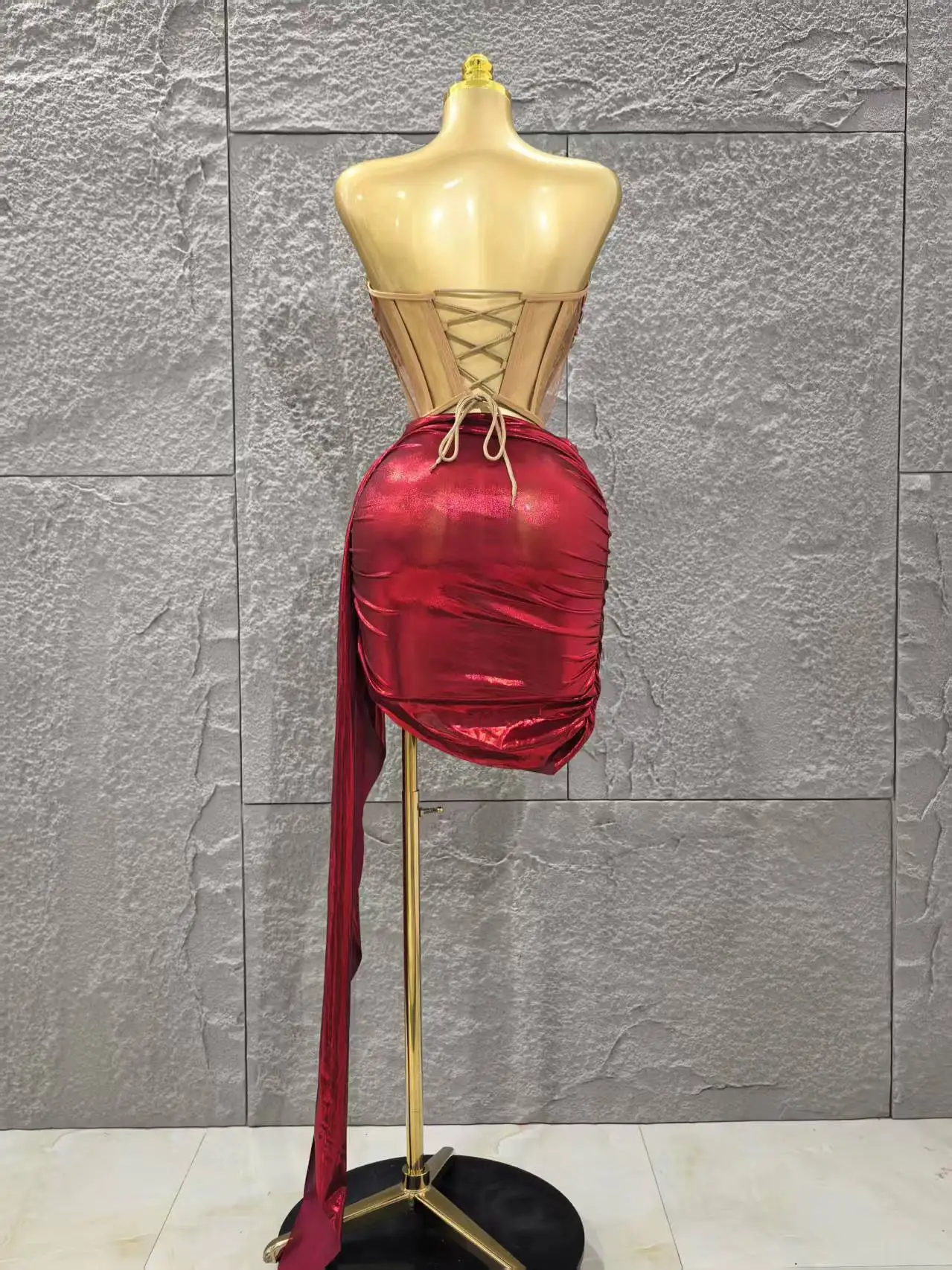 Shinning Red Crystal Women Sexy Strapless 2 Pieces Bodycon Mini Dress Nightclub Party Celebrate Birthday Photo Shoot Wear - Image 5