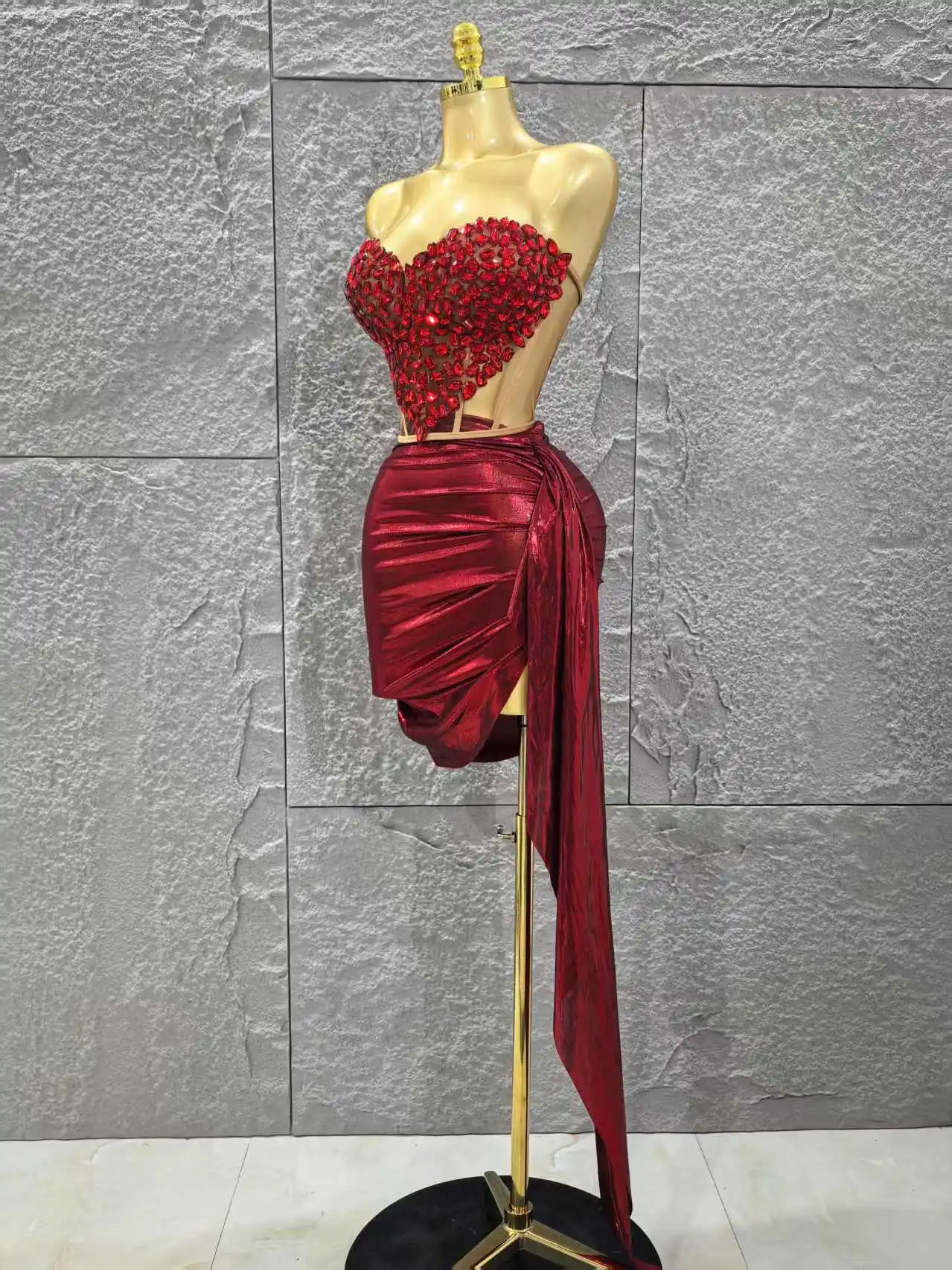 Shinning Red Crystal Women Sexy Strapless 2 Pieces Bodycon Mini Dress Nightclub Party Celebrate Birthday Photo Shoot Wear - Image 6