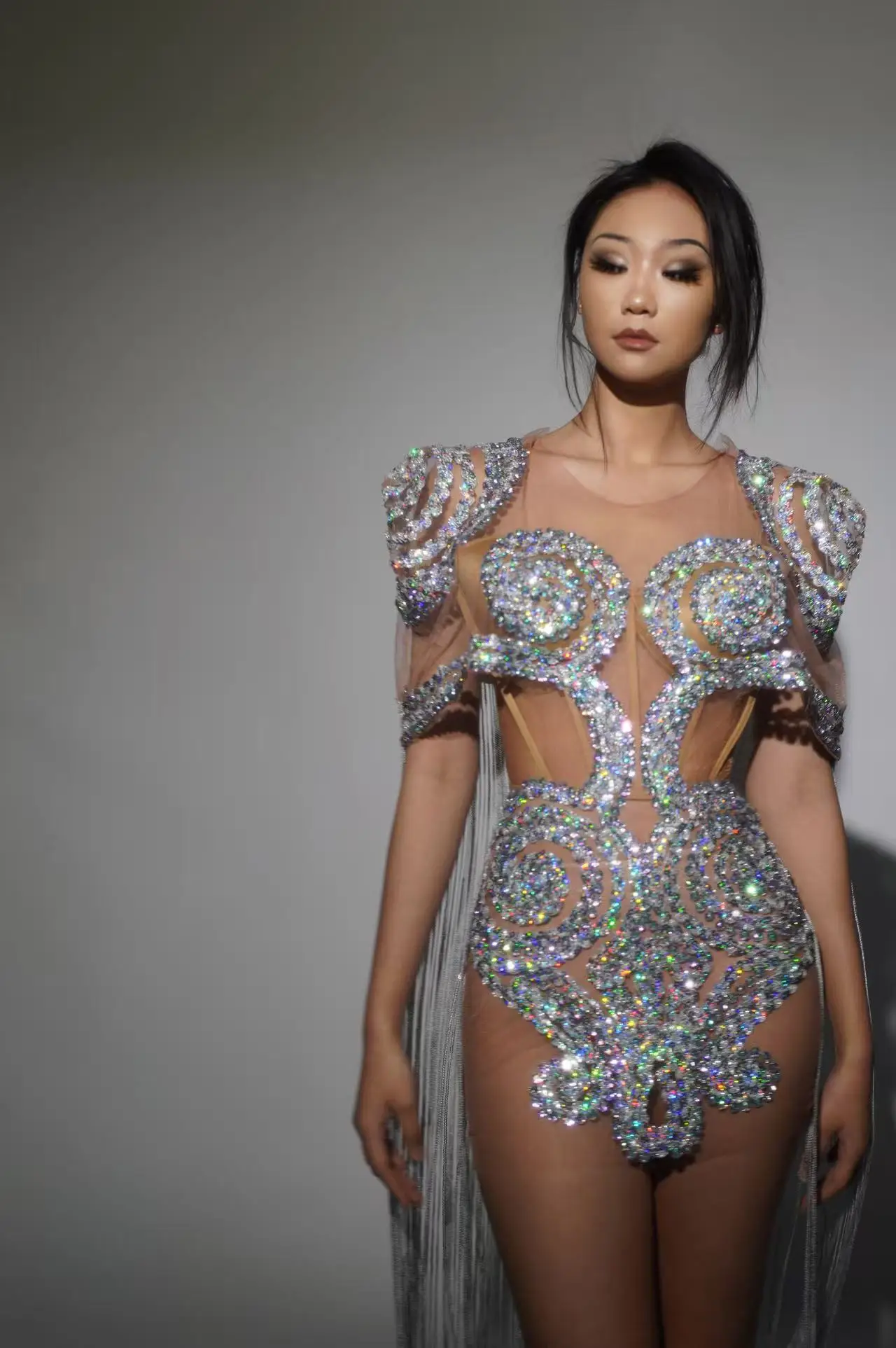 Shinning Sequins Women Sexy mesh See Through Cloak Sleeve Sexy Bodycon Mini Dress Nightclub Party Bar Singer Performance Costume - Image 2