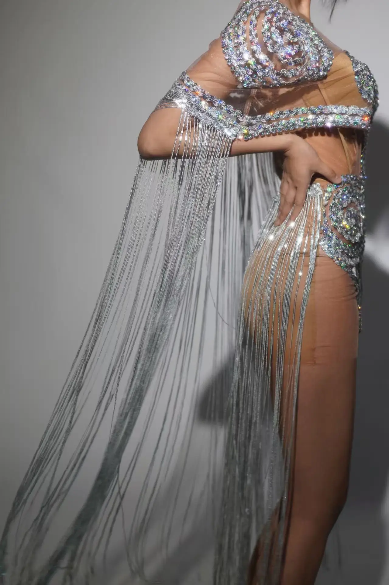Shinning Sequins Women Sexy mesh See Through Cloak Sleeve Sexy Bodycon Mini Dress Nightclub Party Bar Singer Performance Costume - Image 3