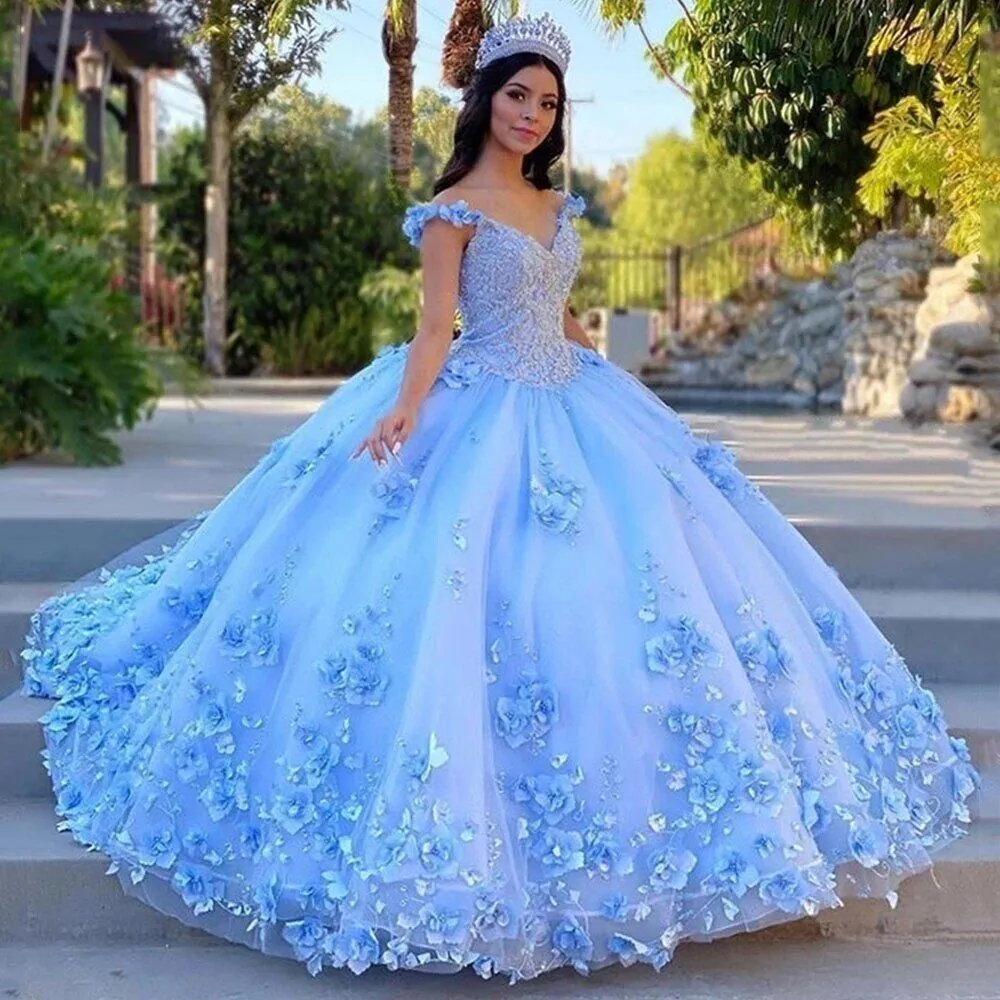 Shiny Blue Quinceanera Dresses Vestidos De 15 Anos 3D Flower Lace Formal Birthday Party Prom Princess Ball Gown - Image 3