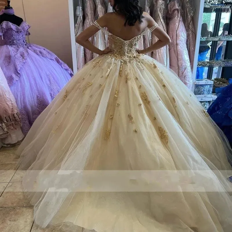 Shiny Champagne Quinceanera Dresses Luxury Birthday Party Ball Gown Sweetheart Beading Appliques Corset Court Train - Image 2
