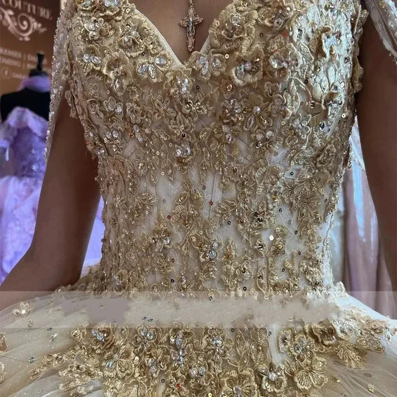 Shiny Champagne Quinceanera Dresses Luxury Birthday Party Ball Gown Sweetheart Beading Appliques Corset Court Train - Image 3