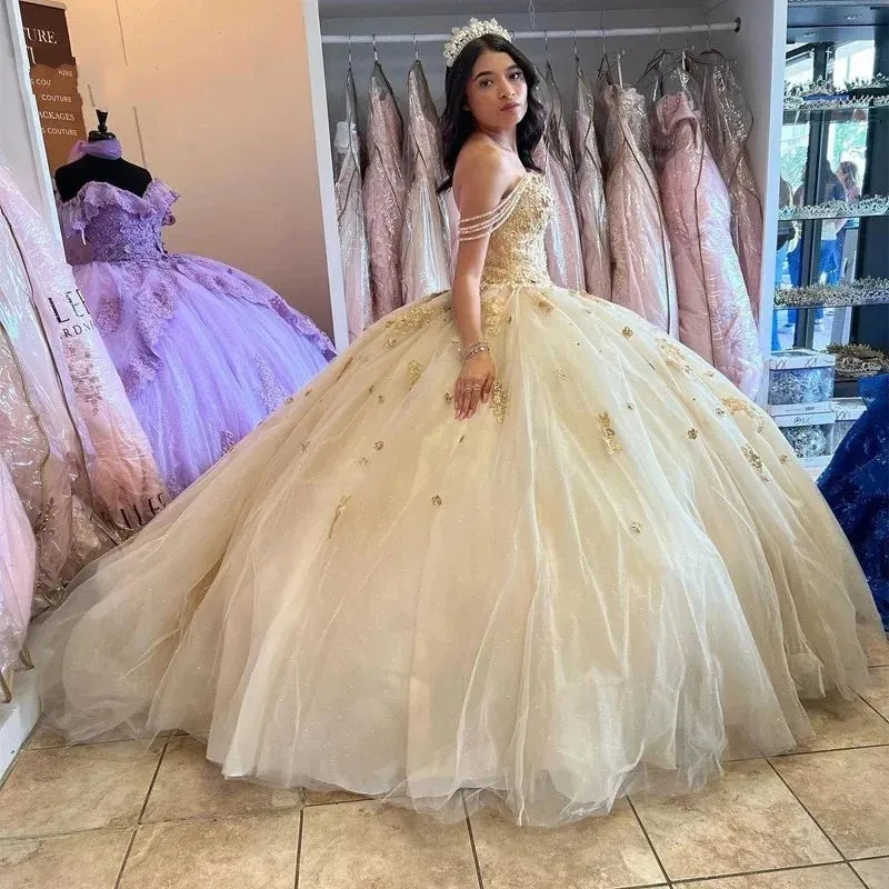 Shiny Champagne Quinceanera Dresses Luxury Birthday Party Ball Gown Sweetheart Beading Appliques Corset Court Train - Image 4
