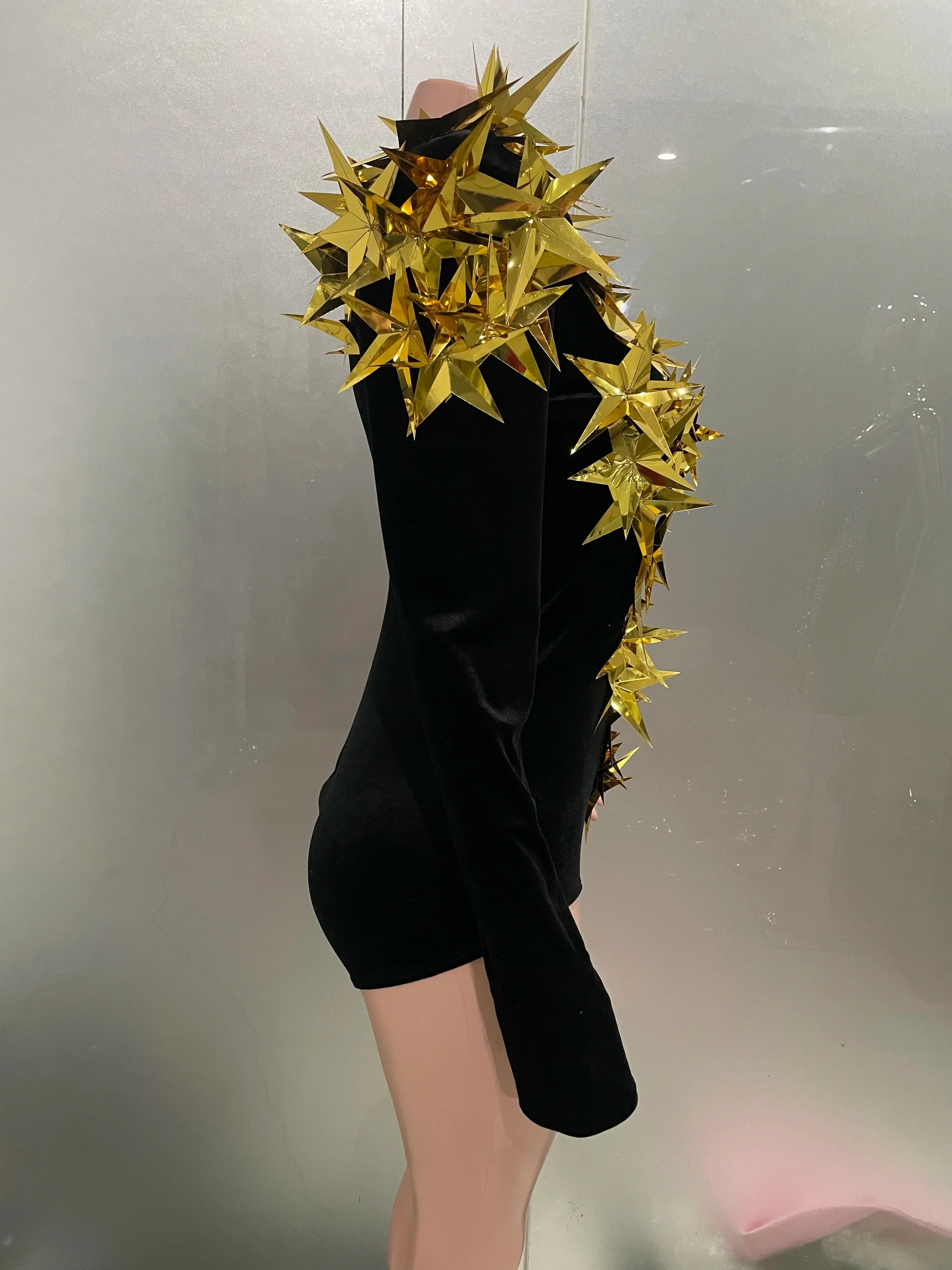 Shiny Gold Rhinestone Black Velvet Long Sleeve Bodysuit  Women Evening Party Club Gala Hosts Night Club Bar Stage Costumes - Image 4