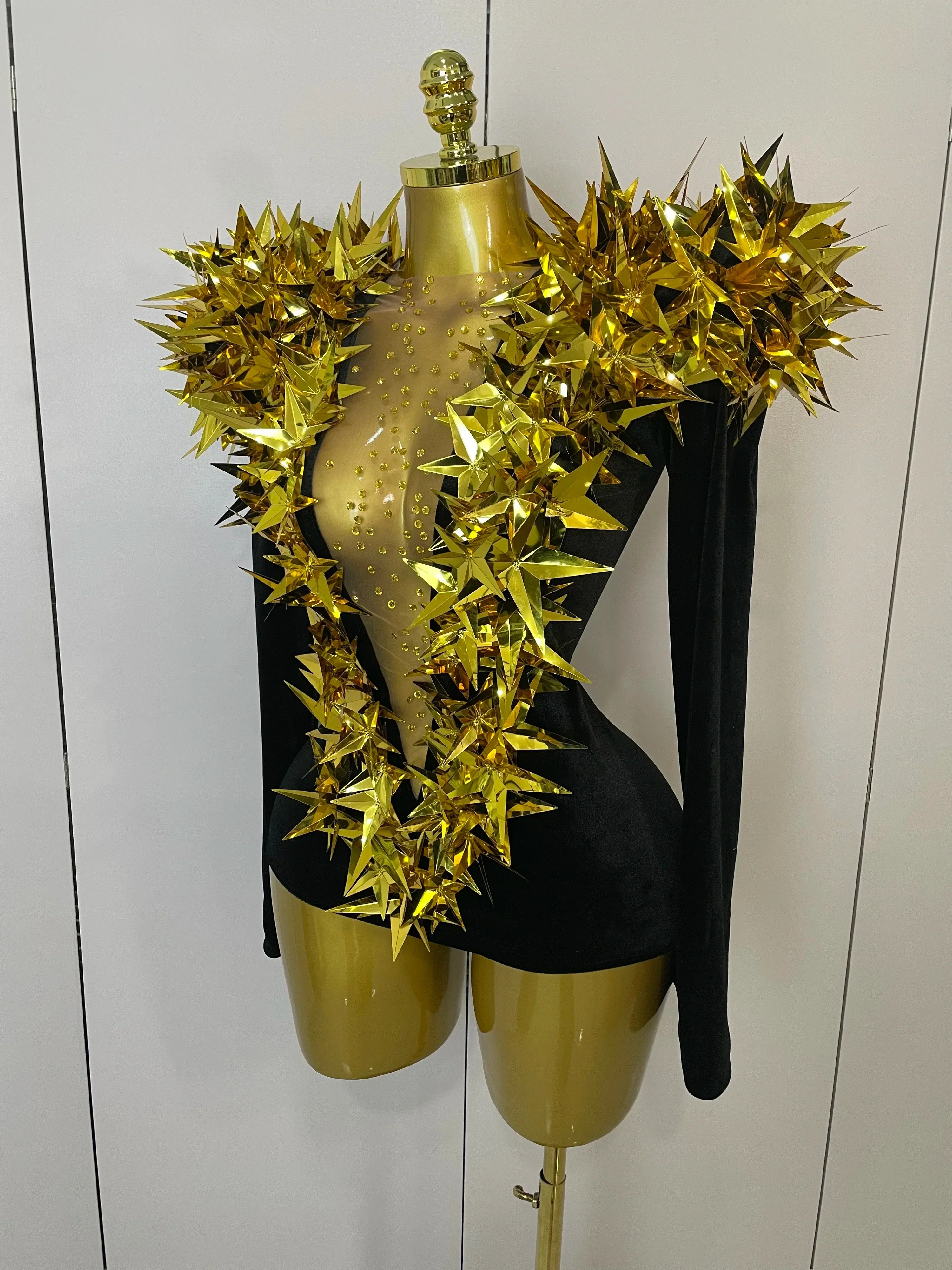 Shiny Gold Rhinestone Black Velvet Long Sleeve Bodysuit  Women Evening Party Club Gala Hosts NightClub Bar Stage Costumes - Image 2