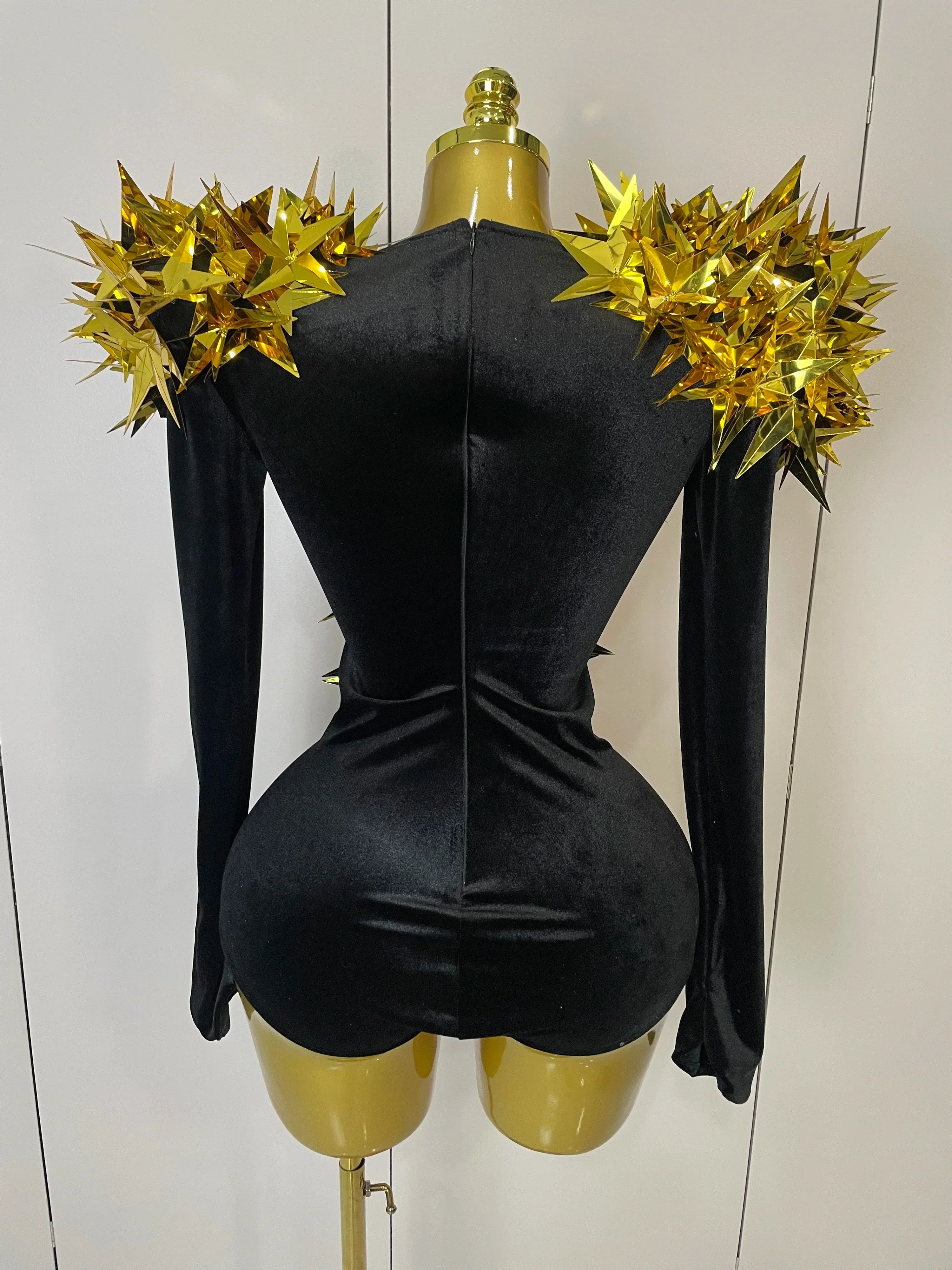 Shiny Gold Rhinestone Black Velvet Long Sleeve Bodysuit  Women Evening Party Club Gala Hosts NightClub Bar Stage Costumes - Image 3