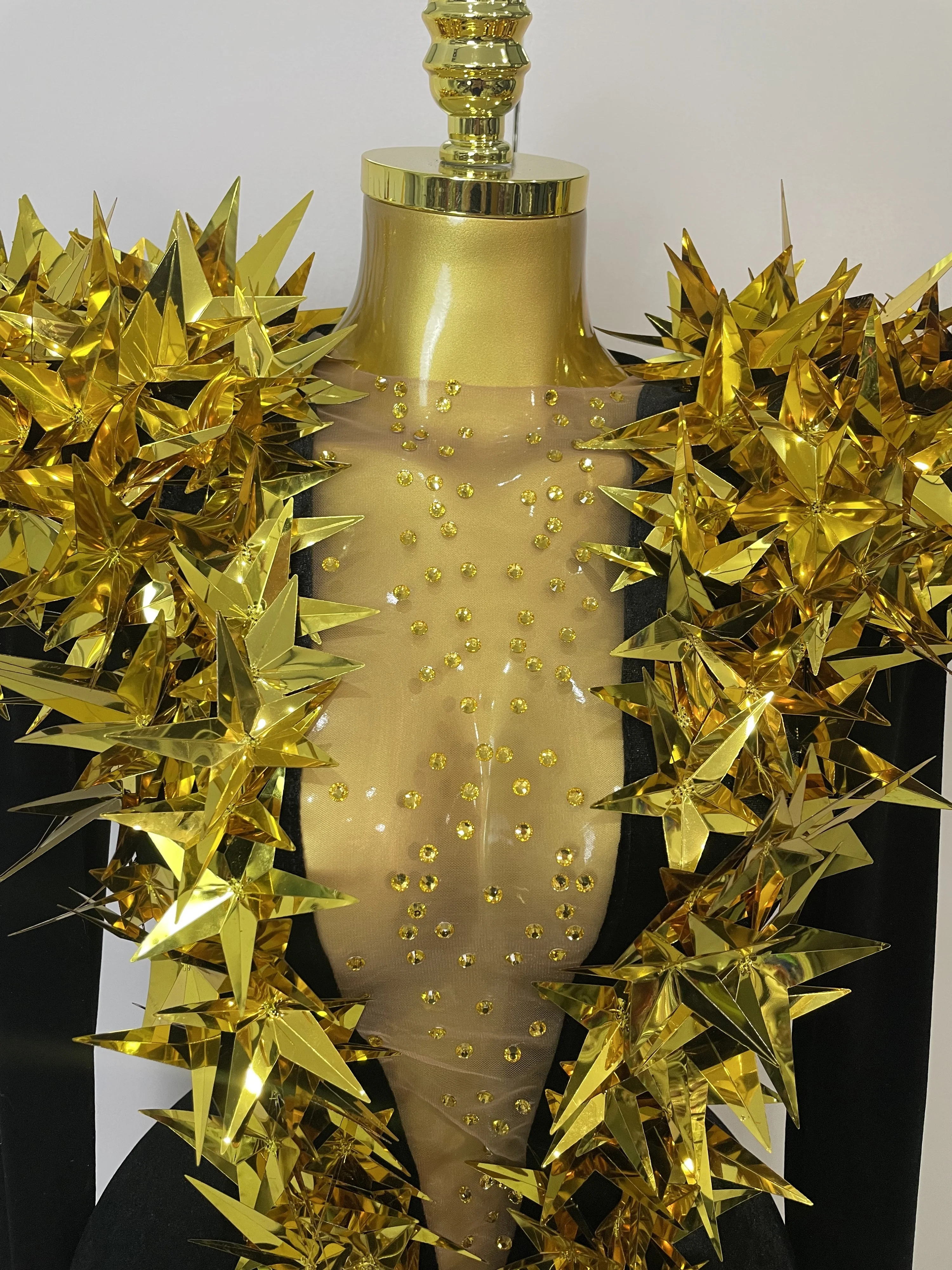 Shiny Gold Rhinestone Black Velvet Long Sleeve Bodysuit  Women Evening Party Club Gala Hosts NightClub Bar Stage Costumes - Image 5