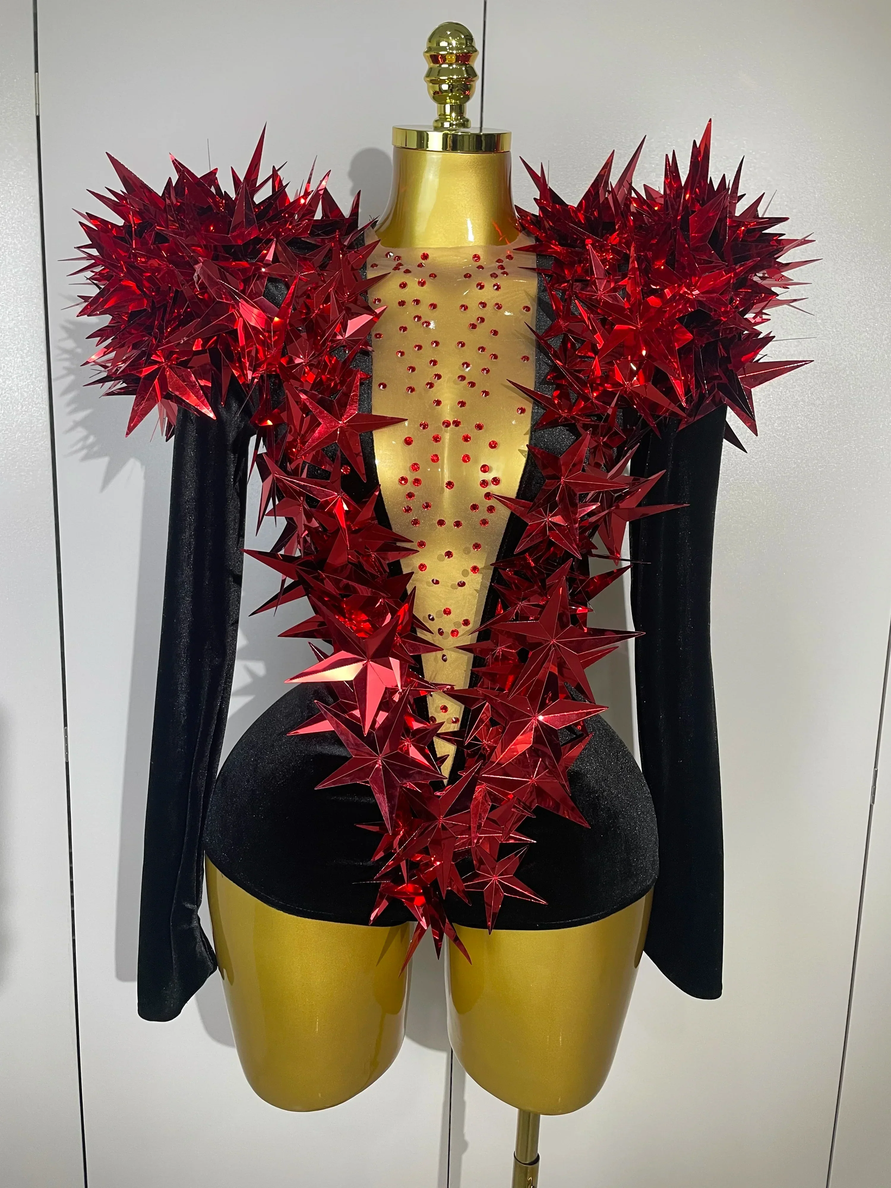 Shiny Gold Rhinestone Black Velvet Long Sleeve Bodysuit  Women Evening Party Club Gala Hosts NightClub Bar Stage Costumes - Image 7